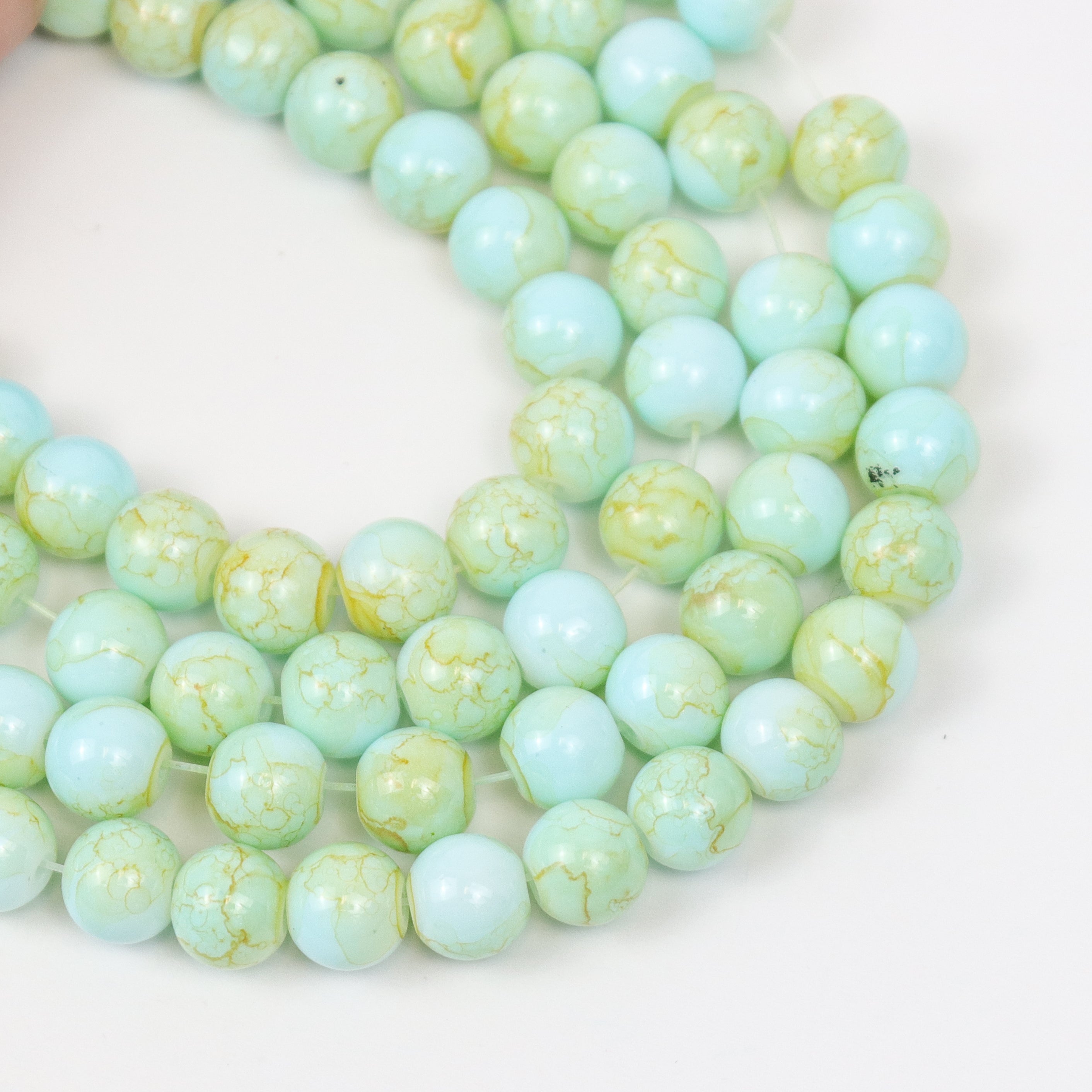 8mm Light Blue/Green Watercolour Painted Glass Bead Strand 30" Loop $4.00