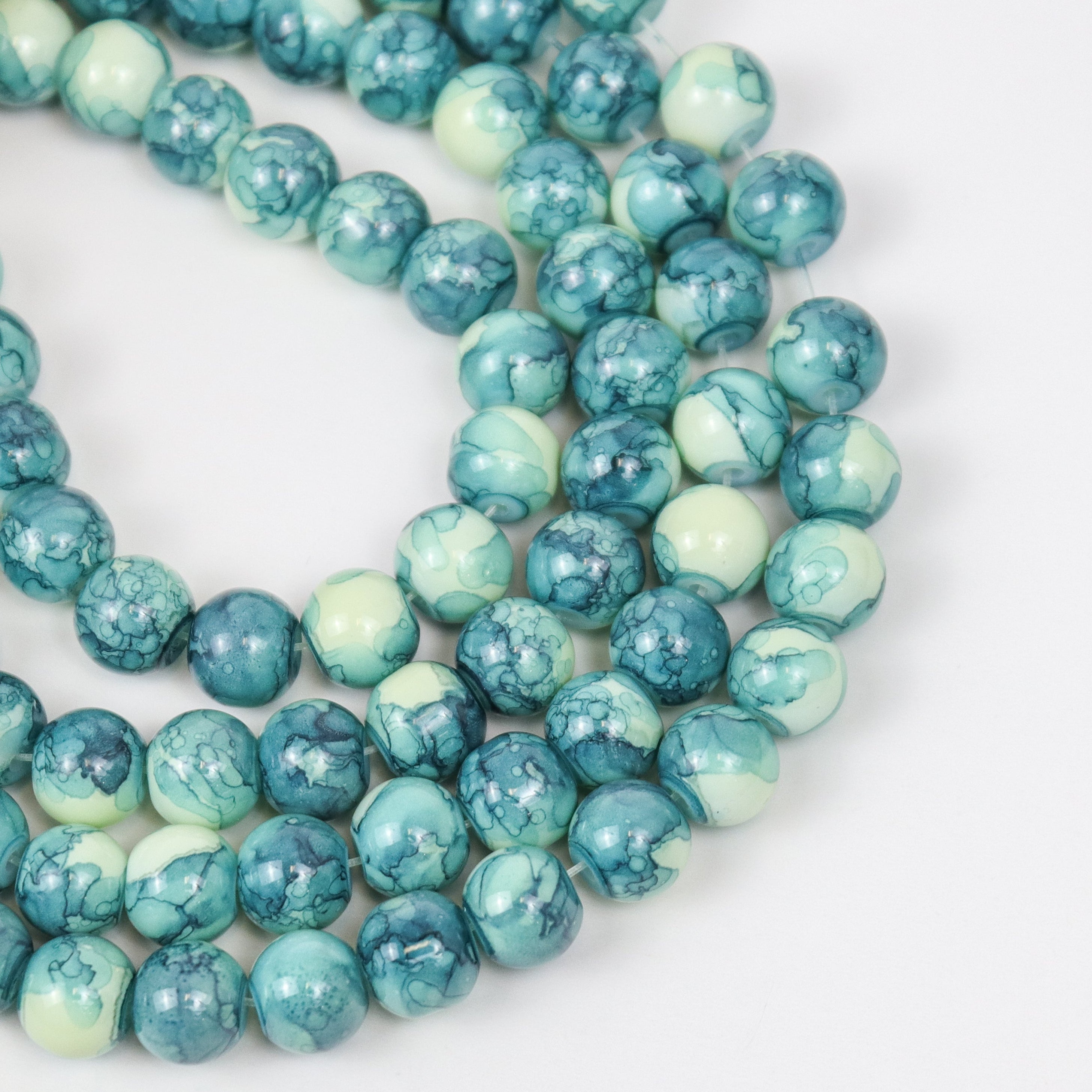 8mm Dark Turquoise Watercolour Painted Glass Bead Strand 30" Loop $4.00