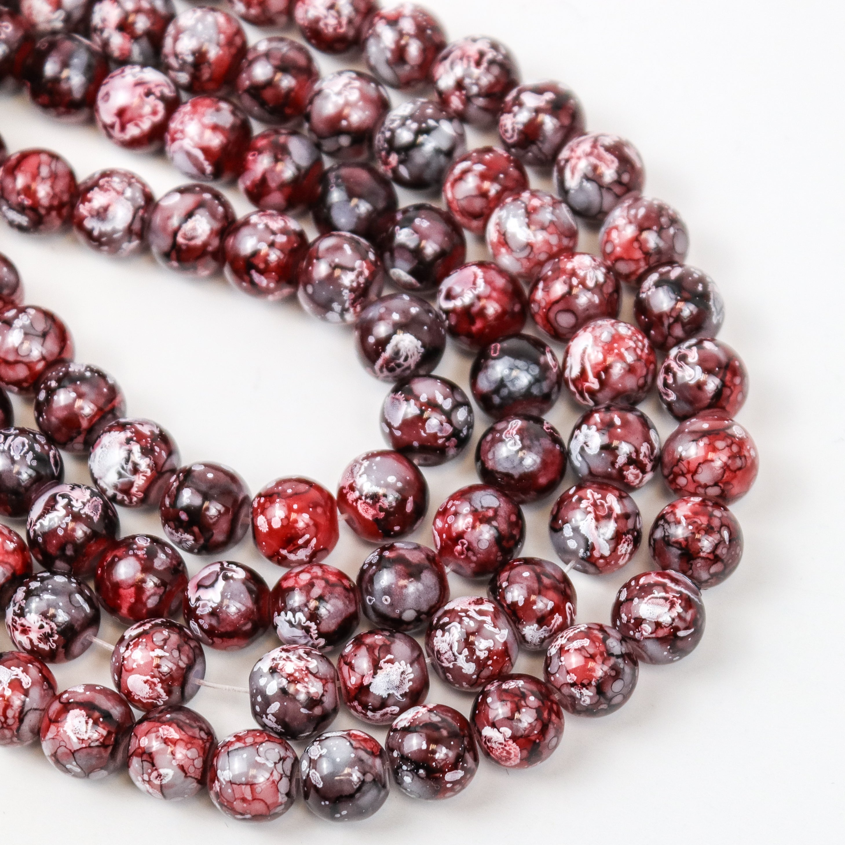 8mm Dark Red Turtle Shell Glass Bead Strand 30-Inch Loop $4.00