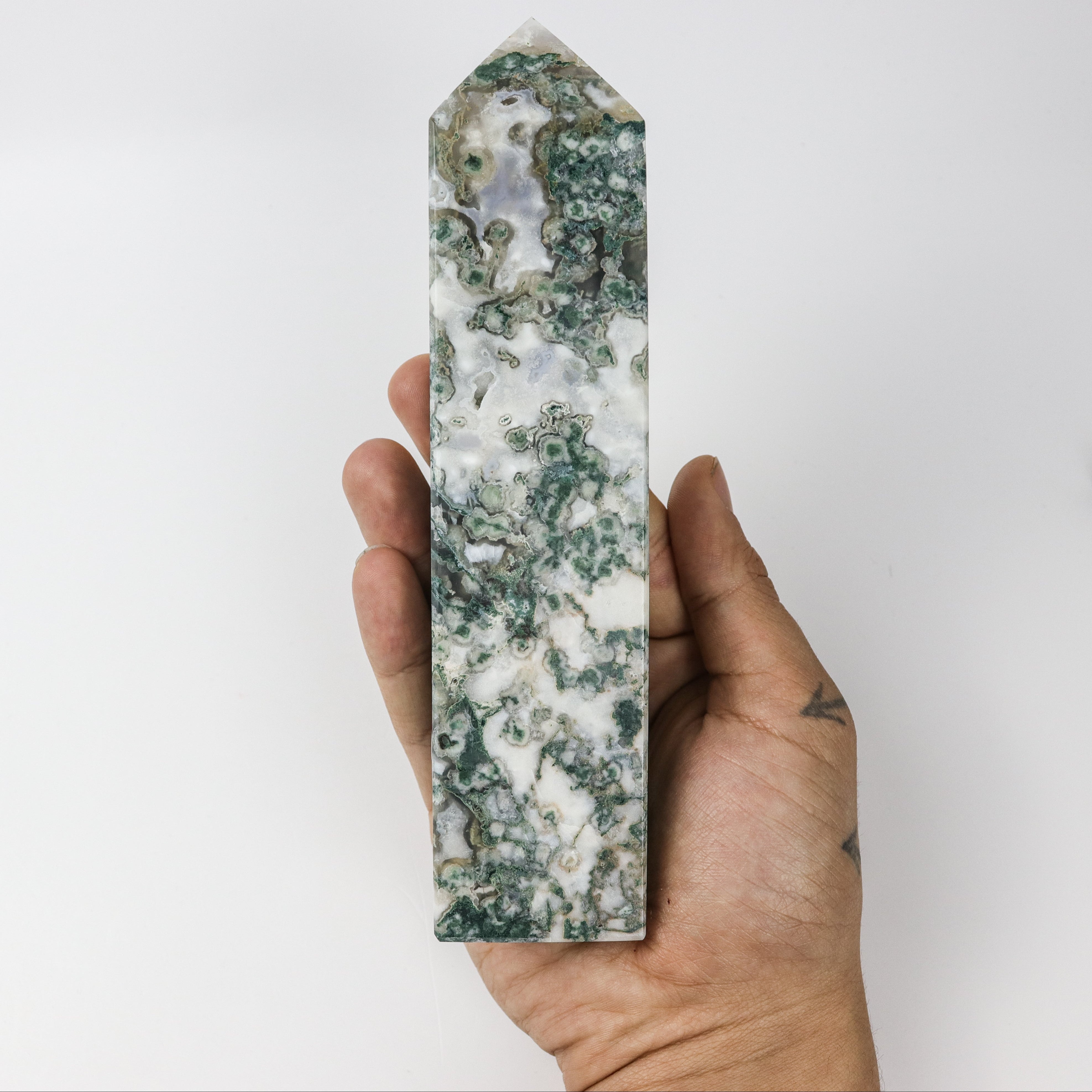 7.5 Inch Moss Agate Tower $30