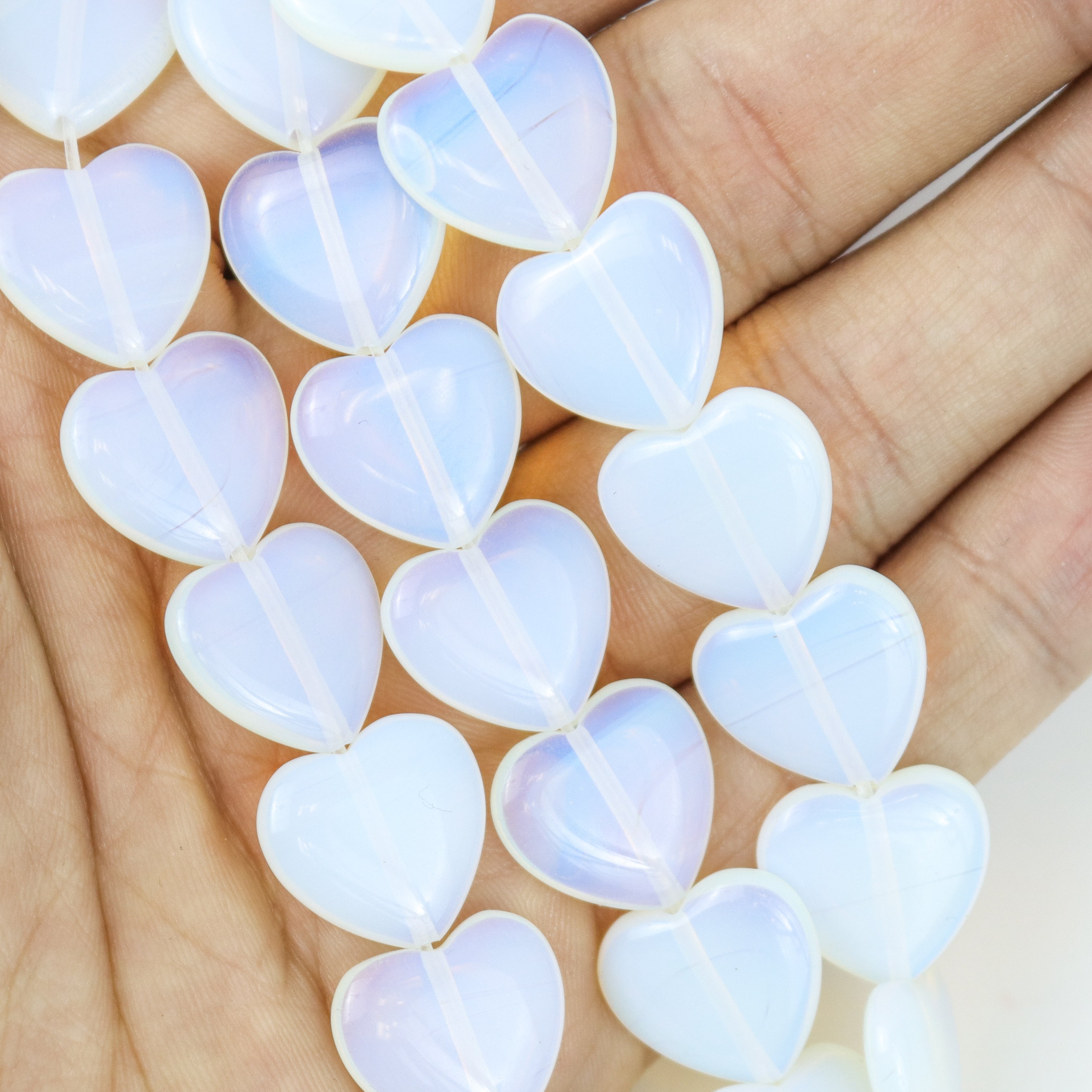 15mm Opalite Glass Flat Heart Bead Half Strand $7.50