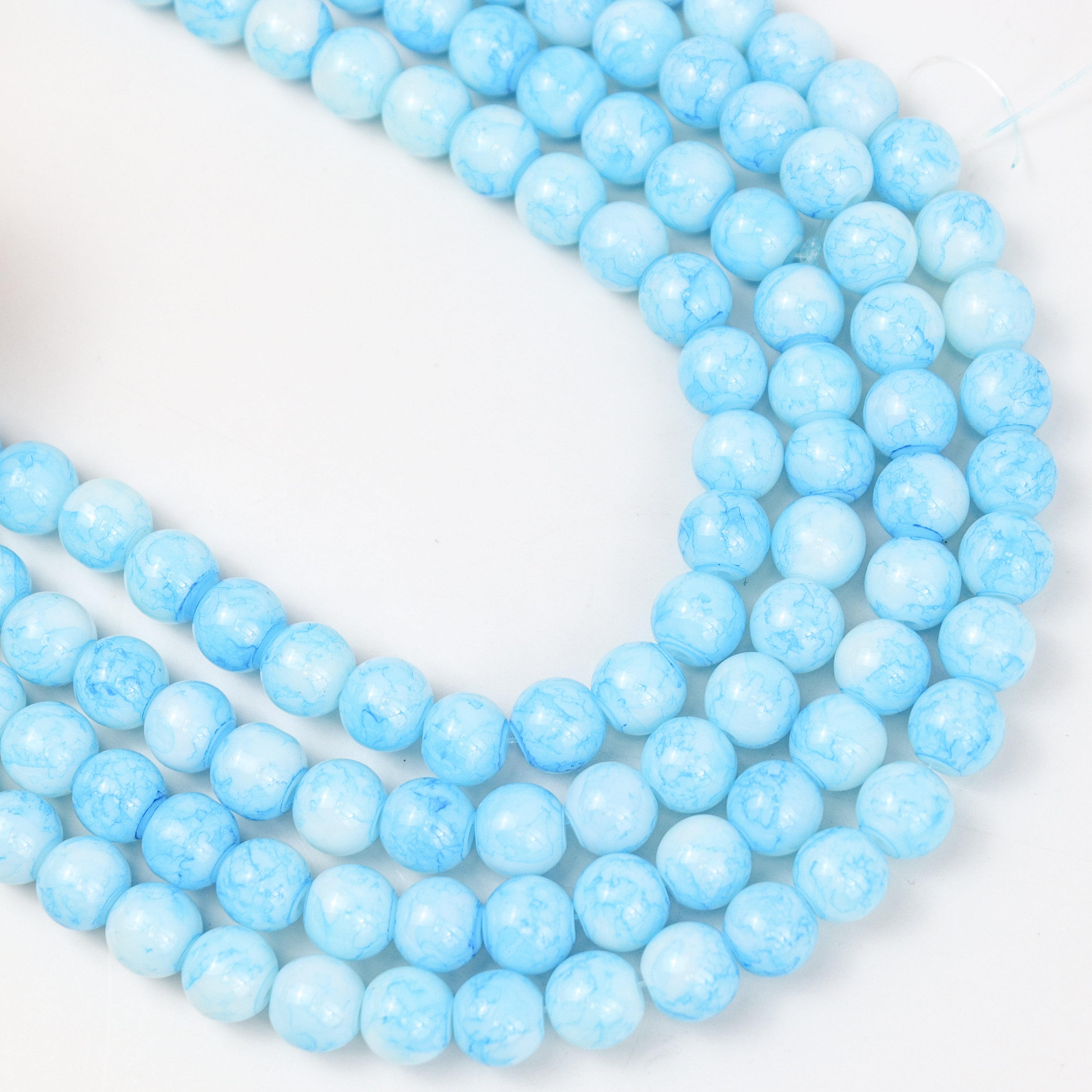 8mm Icey Blue Watercolour Painted Glass Bead Strand 30" Loop $4.00