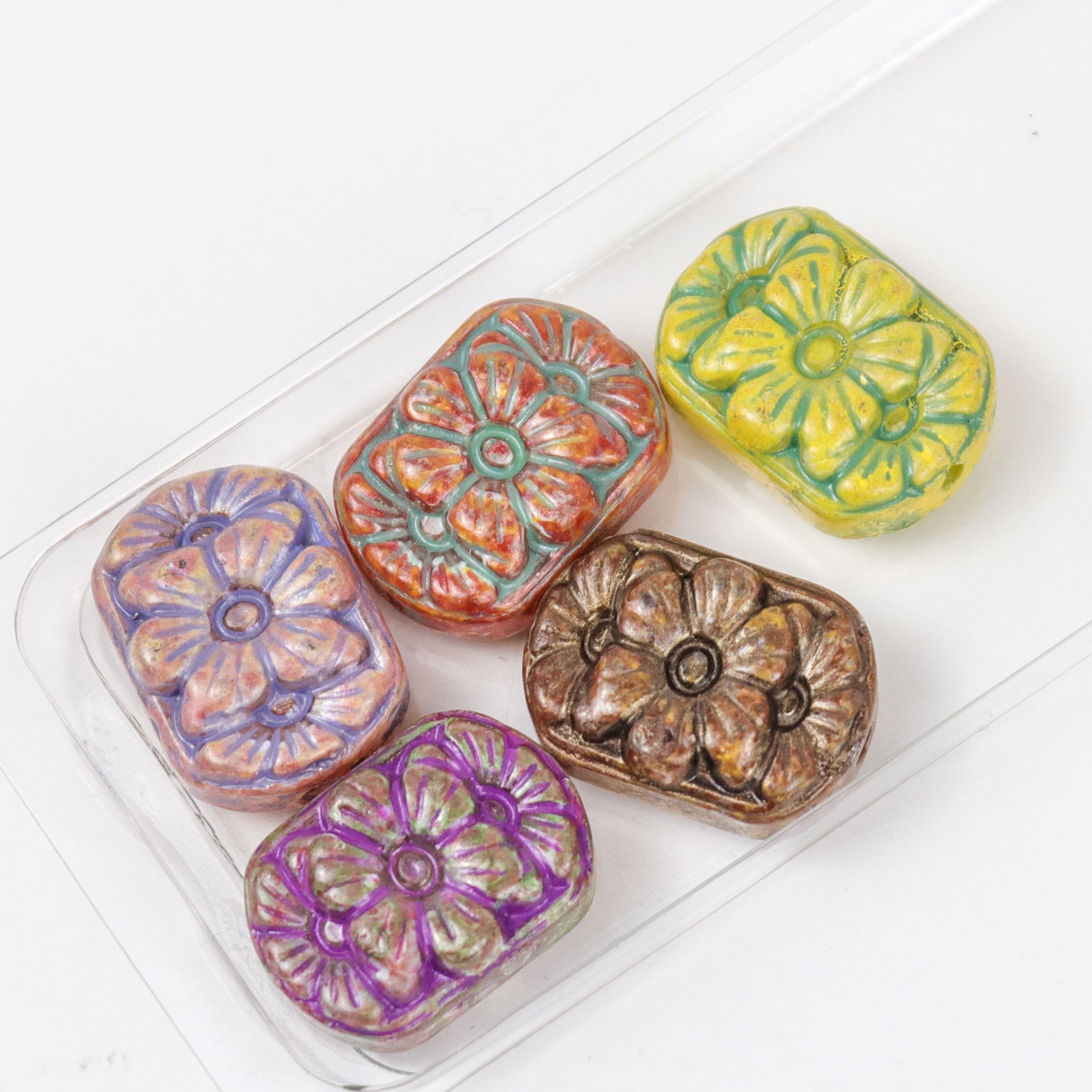 18x13mm Multicoloured Metal-Enlaced Glass Rectangular Flower 5-Bead Pack $4.50