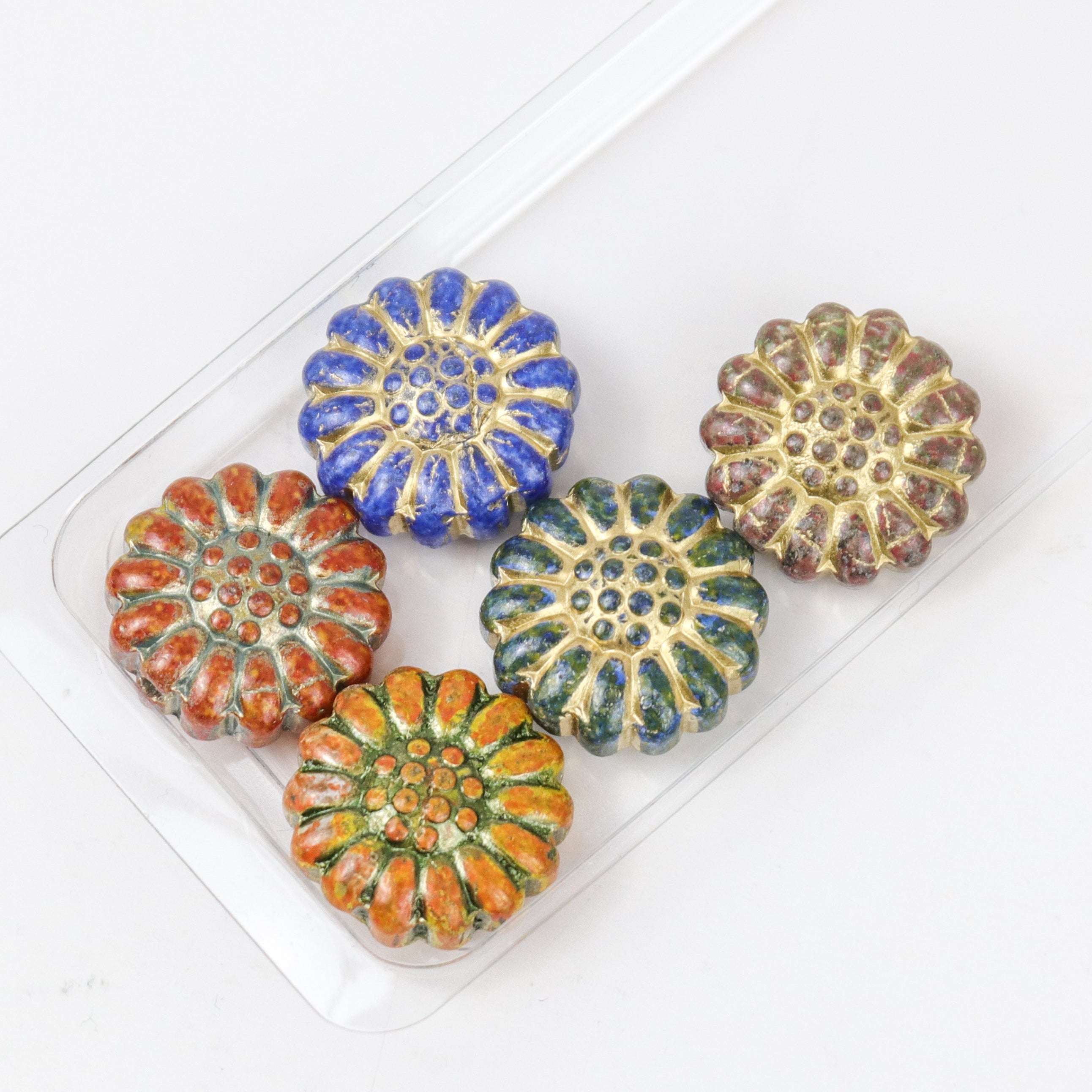 15mm Multicoloured Metal-Enlaced Glass Flower 5-Bead Pack $3.75