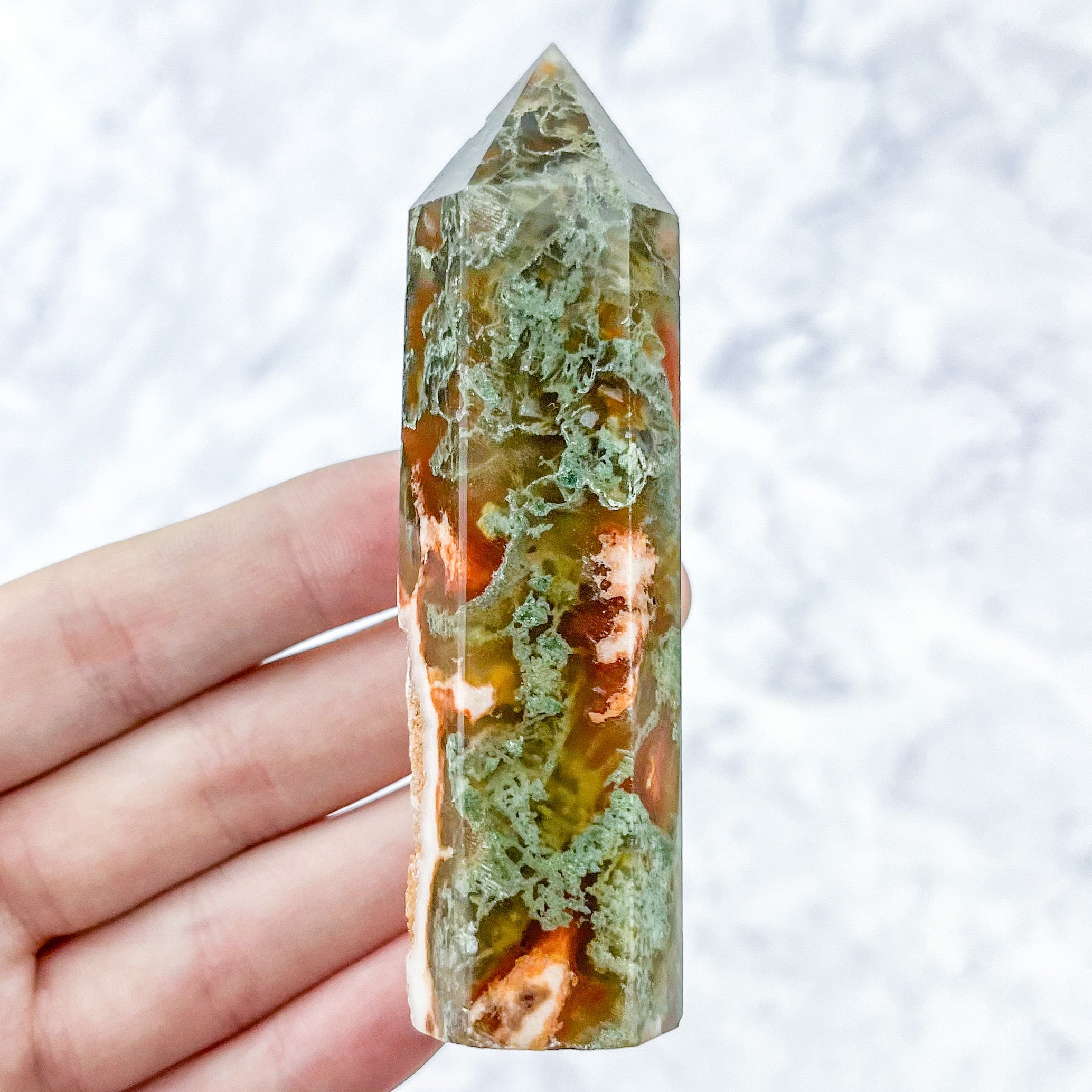 3.5 Inch Carnelian Moss Agate Tower N13