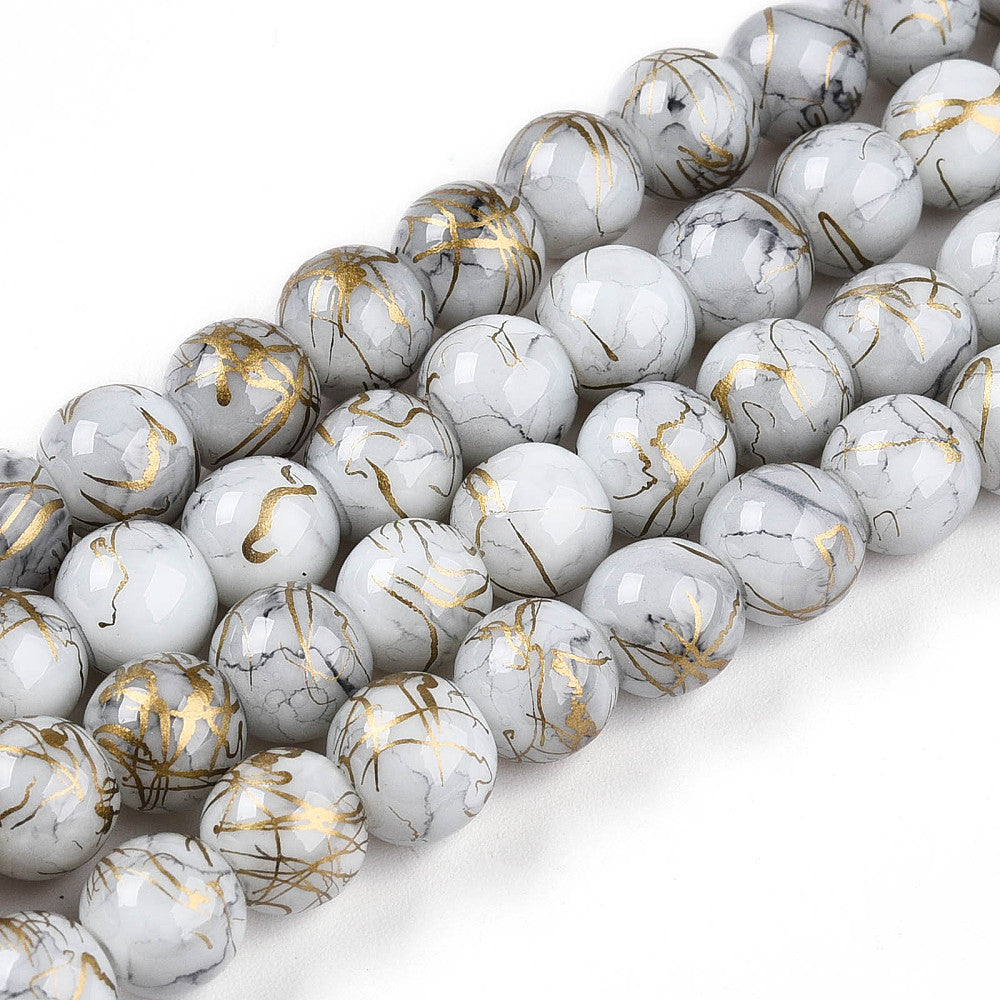 8mm Gold Mosaic Painted Grey Glass Bead Strand S6