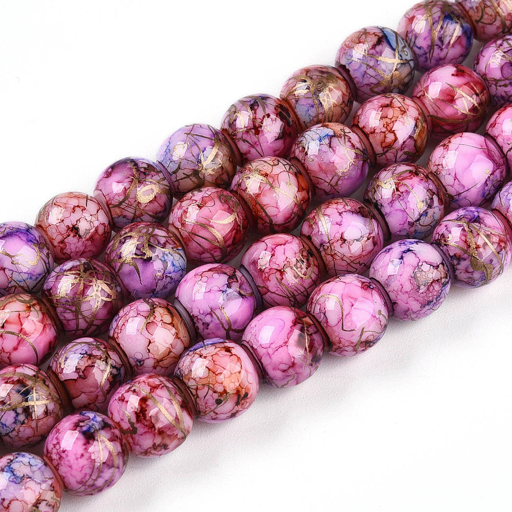8mm Gold Mosaic Painted Pink Glass Bead Strand R6