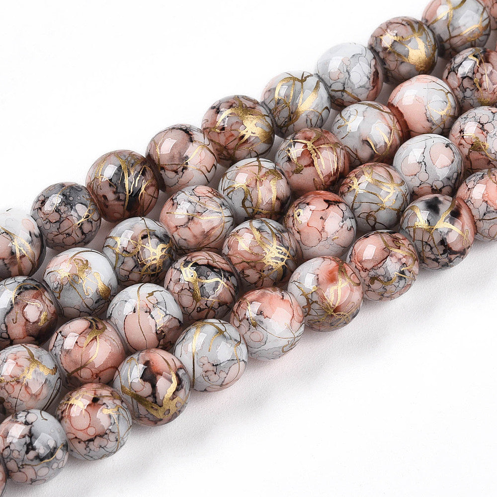 8mm Gold Mosaic Painted Brown Glass Bead Strand Q6