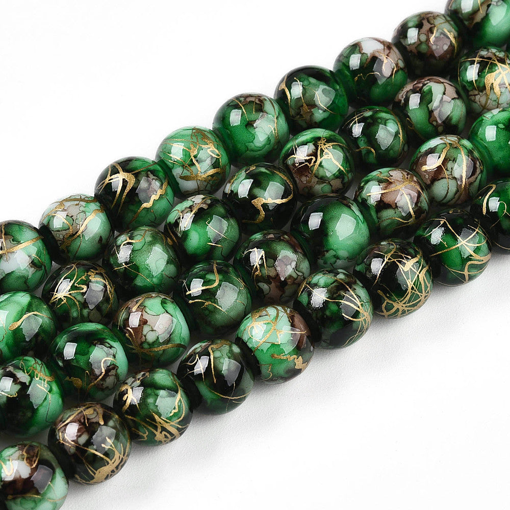 8mm Gold Mosaic Painted Green Glass Bead Strand N6