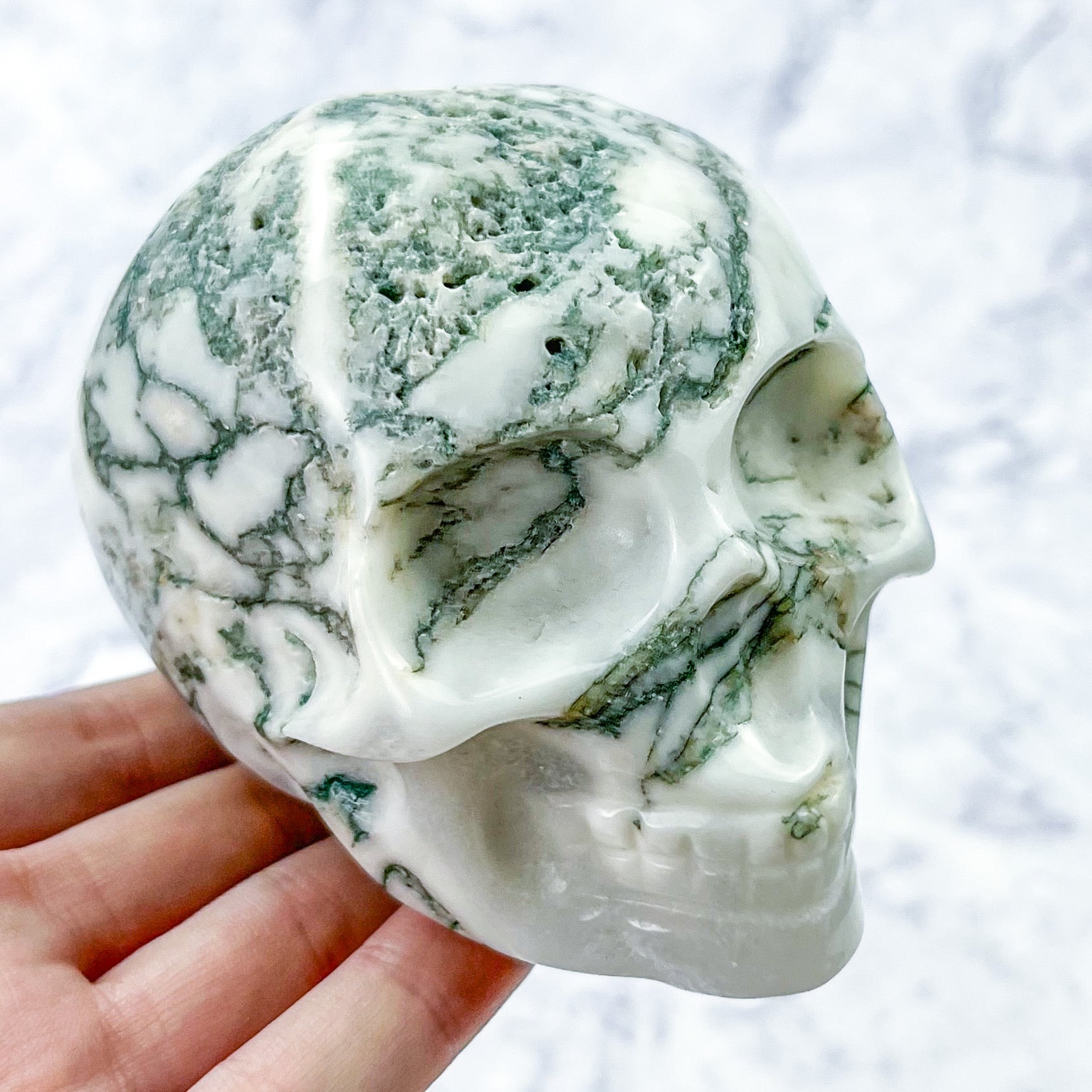 3.75 Inch Moss Agate Skull Carving K170