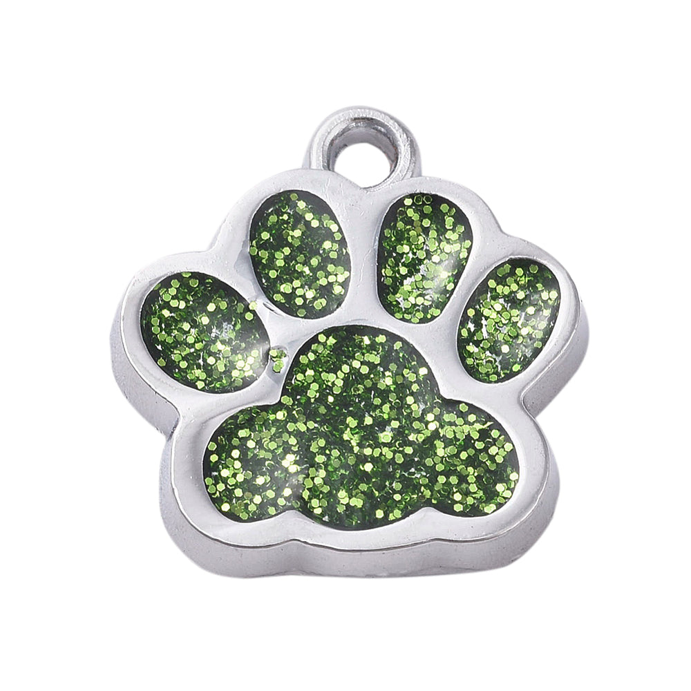 18mm Olive Green Glitter Powder Paw Print Charm P15