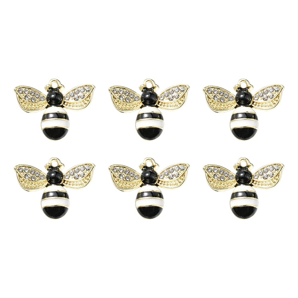 19mm Gold, Black, and White Bee with Rhinestone Wings Charm Y3