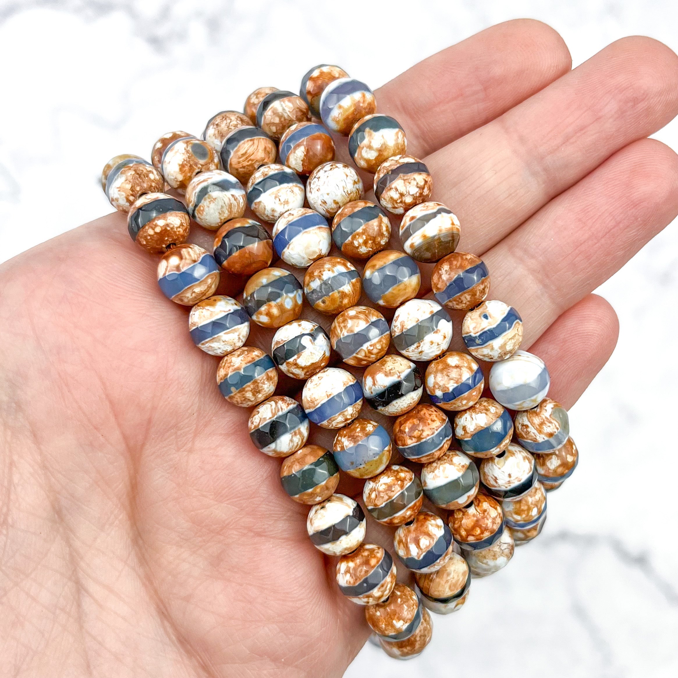 8mm Faceted Antique Blue/Brown Tibetan Agate Bead Strand