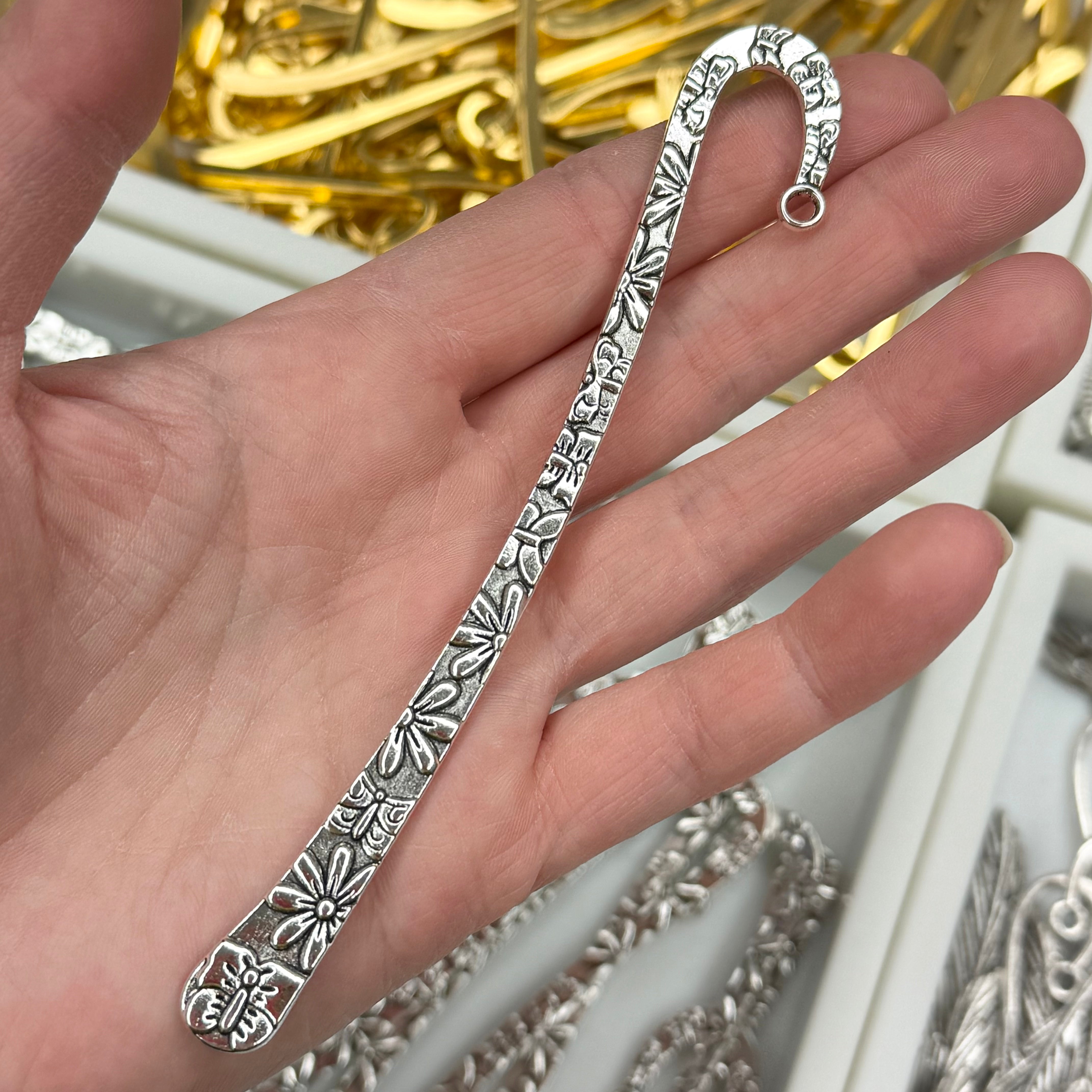 Silver Flowers Butterfly Large Bookmark