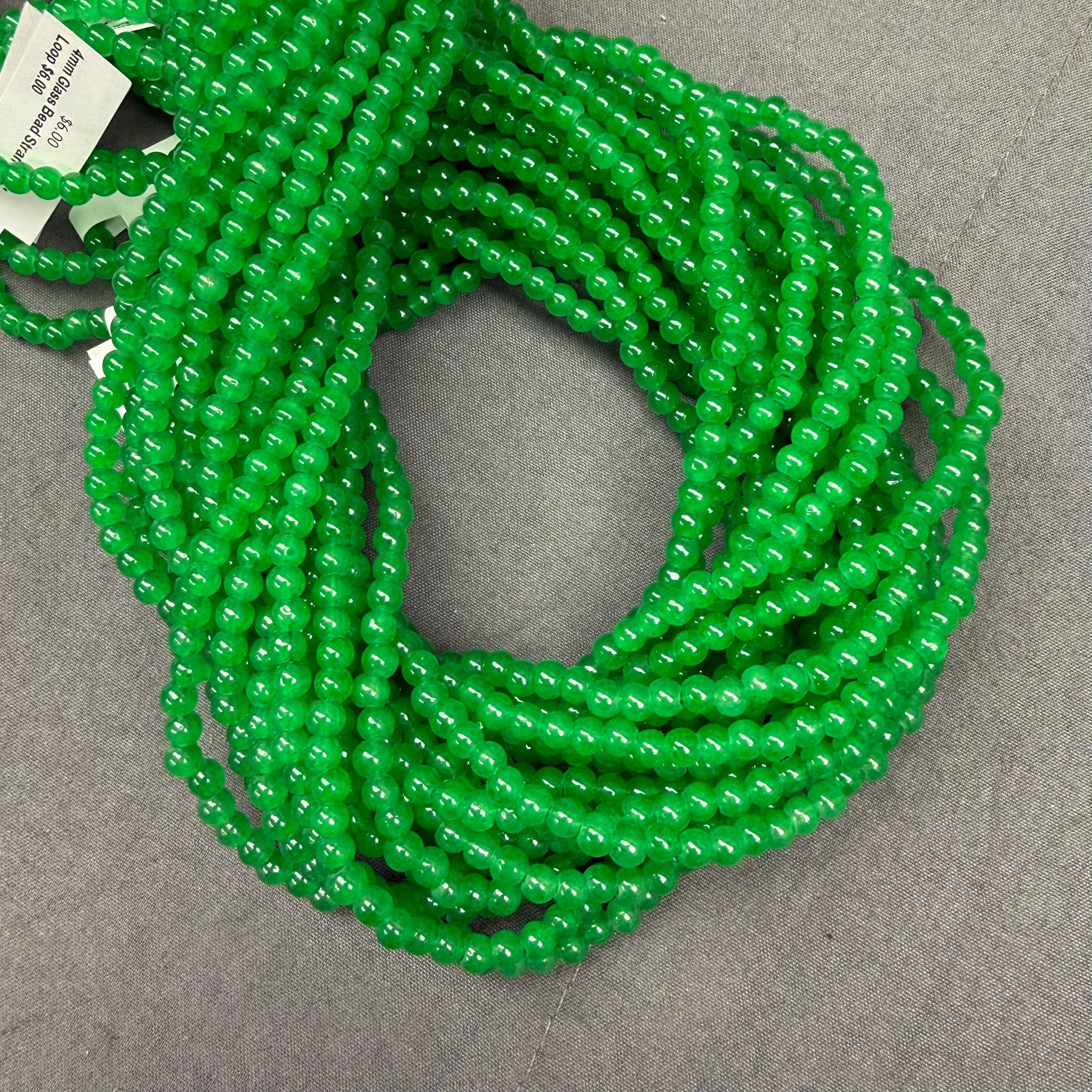 4mm Green Emerald Glass Bead Strand 31" Loop $6.00