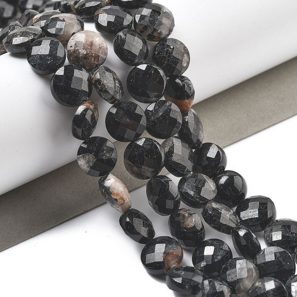 8mm Faceted Black Tourmaline Coin Bead Third Strand P12