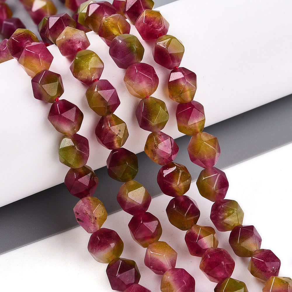 8mm Dyed Magenta and Green Chalcedony Polygon Bead Half Strand W8