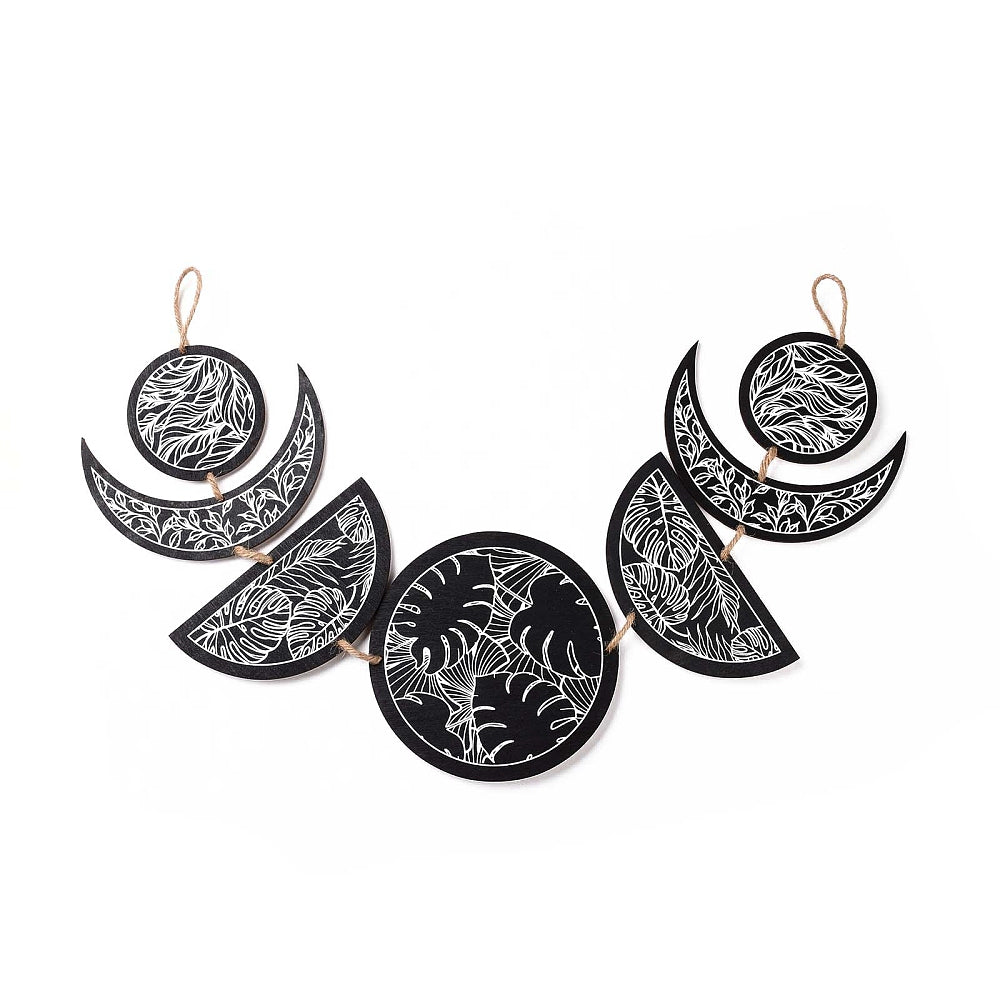 30-Inch Wooden Moon Phases with Leaf Wall Hanging L16