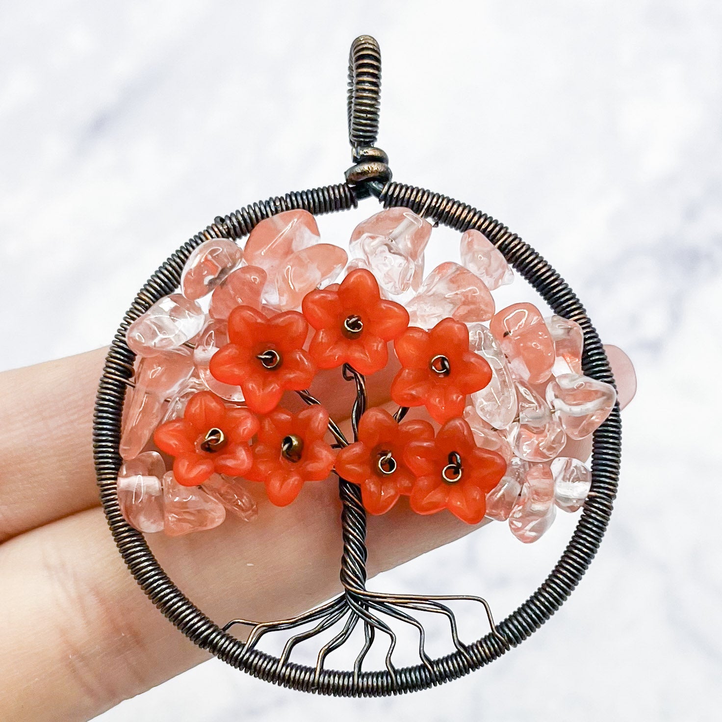 60mm Wire Wrapped Red and Pink Tree of Life Pendant C75