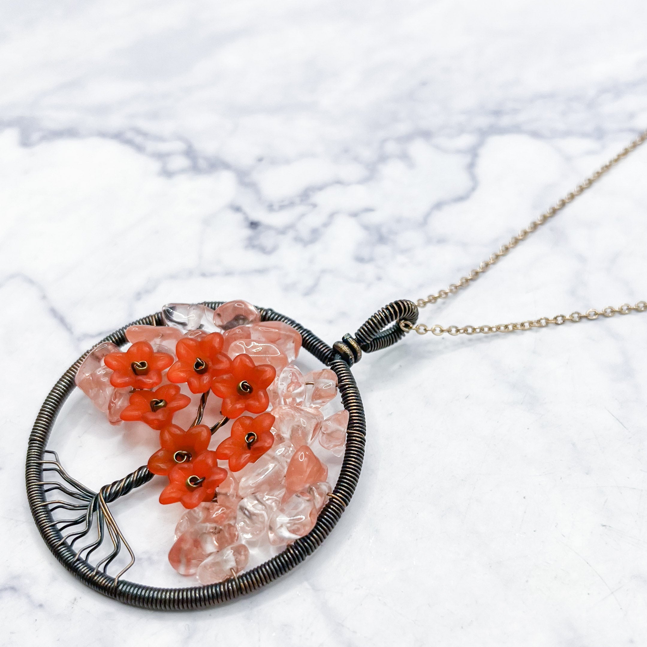 60mm Wire Wrapped Red and Pink Tree of Life Pendant C75