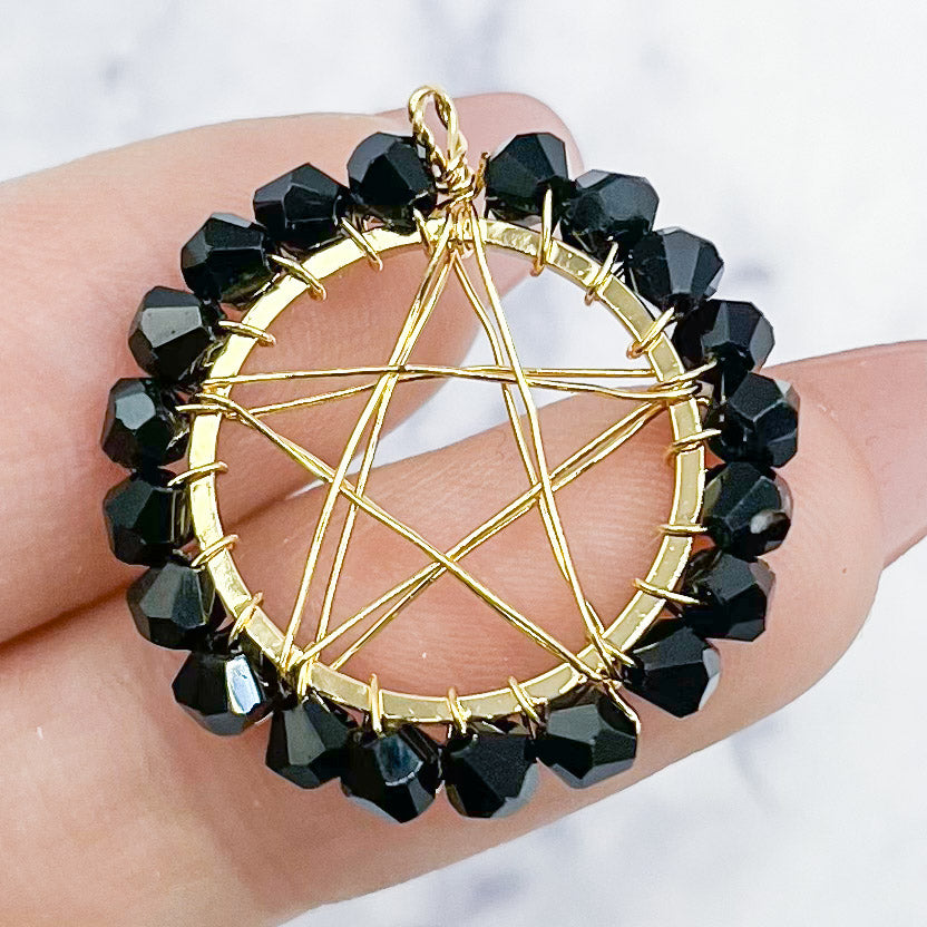 25mm Wire Wrapped Black Crystal Pentacle Pendant B6