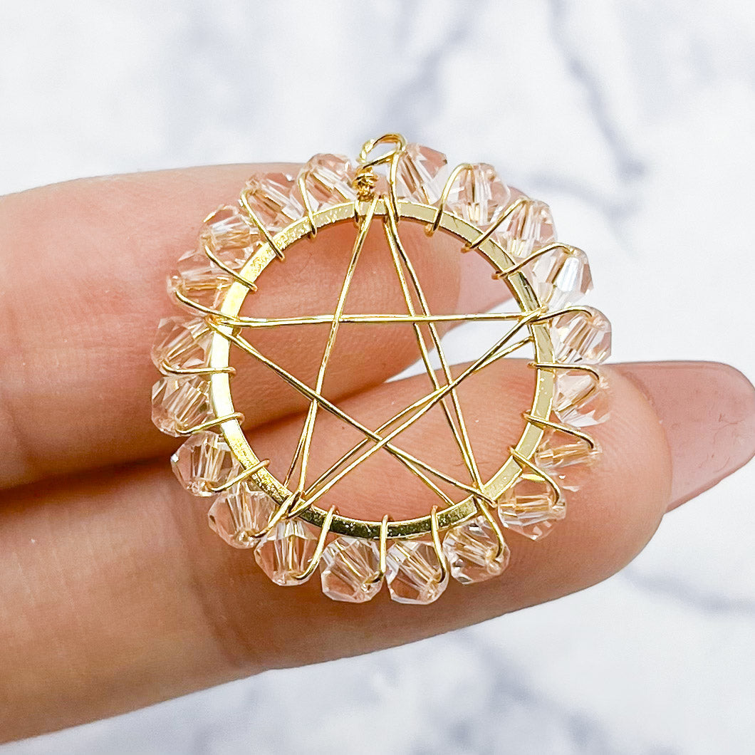 25mm Wire Wrapped Pink Crystal Pentacle Pendant P6