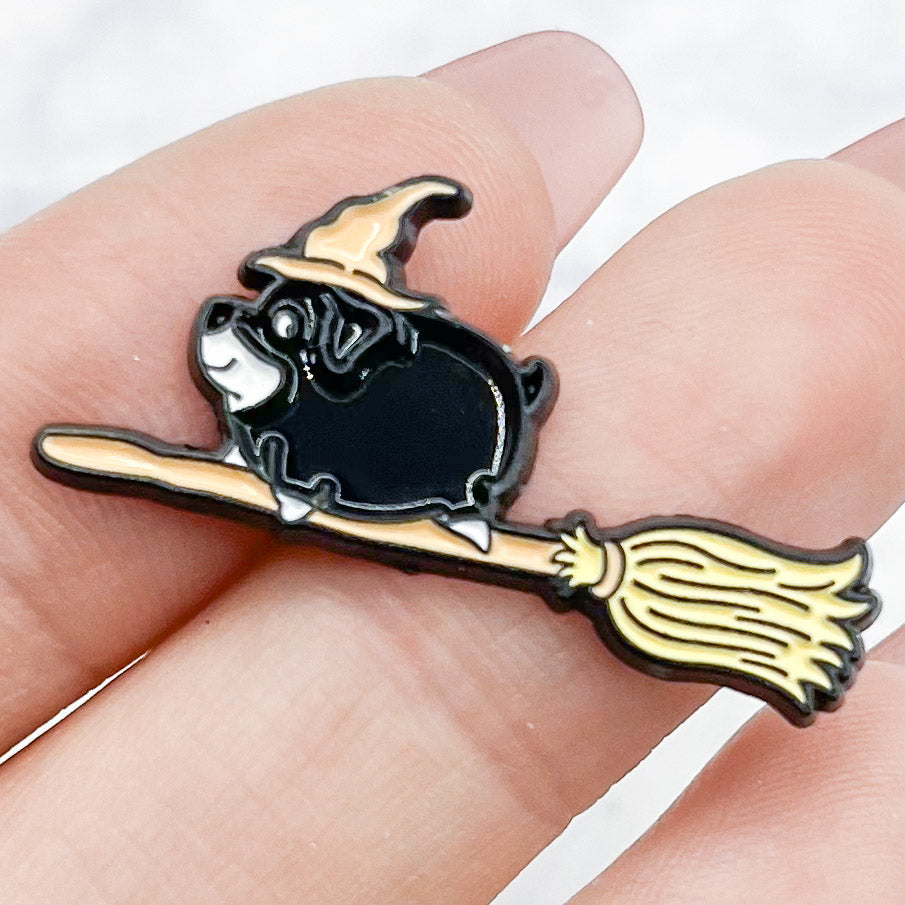 Dog on Broom Enamel Pin