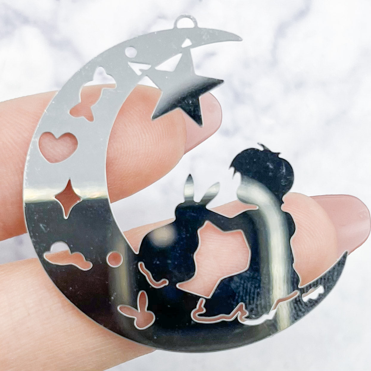 40mm Stainless Steel Child with Bunny on Moon Charm J35