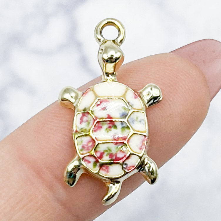 24mm Cream with Pink Flowers Tortoise Charm Y2