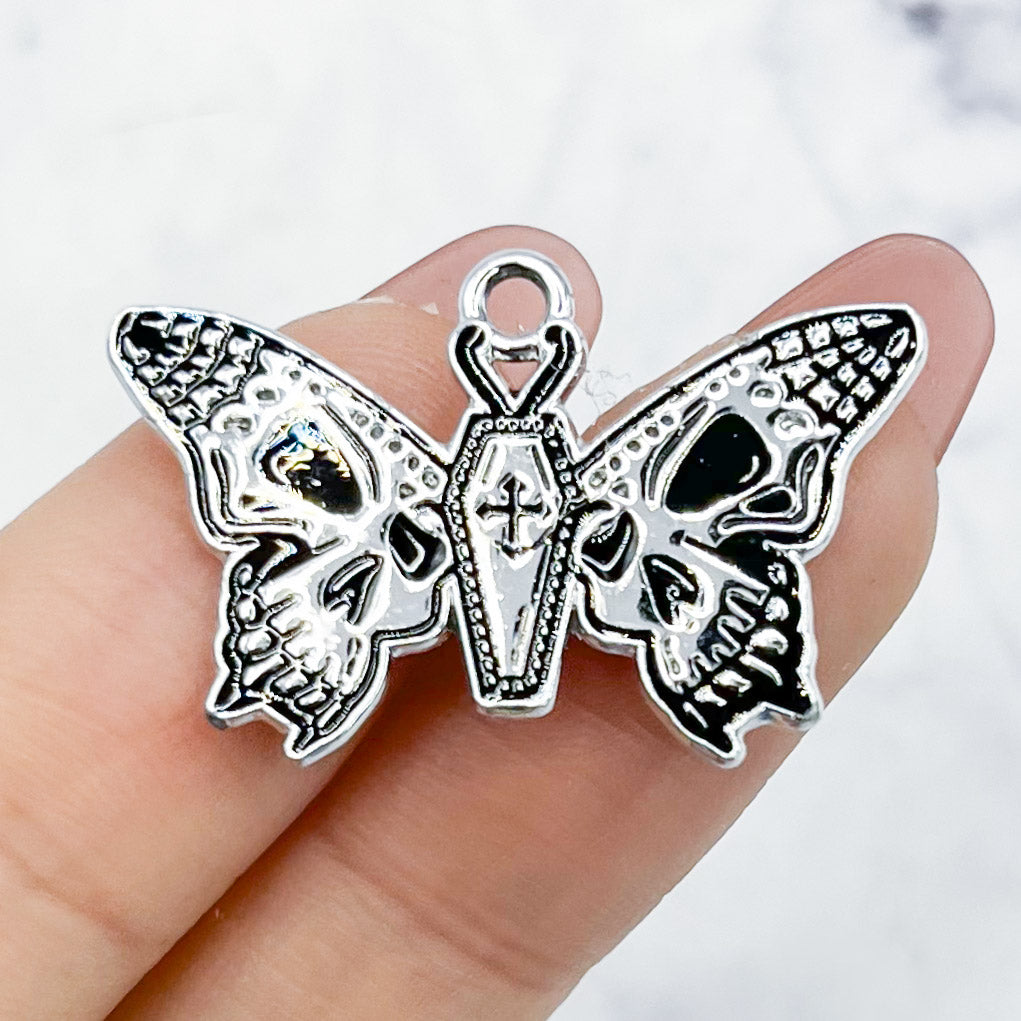 18mm Silver Skull and Coffin Butterfly Charm L2