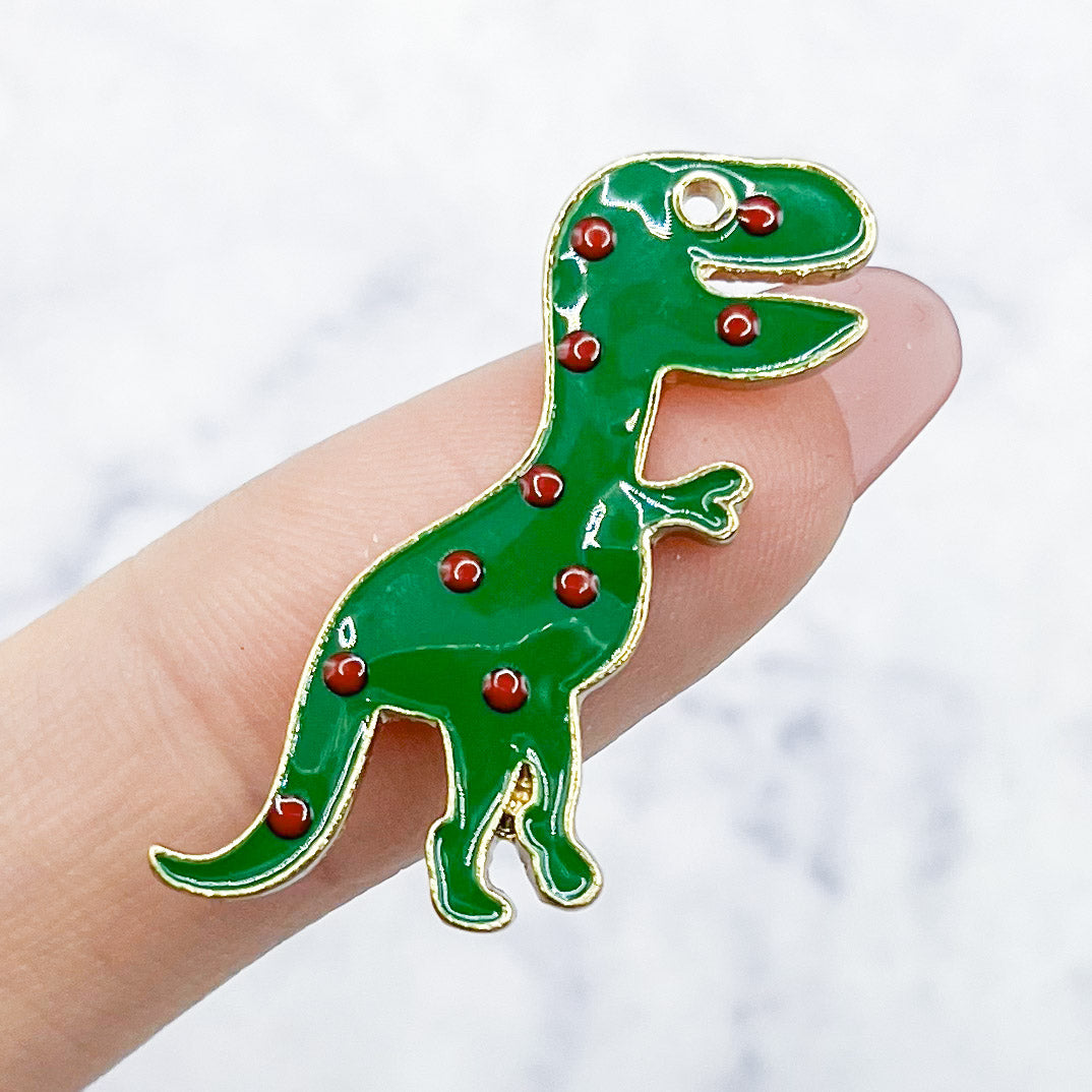 28mm Green with Red Polka Dots T-Rex Charm E2