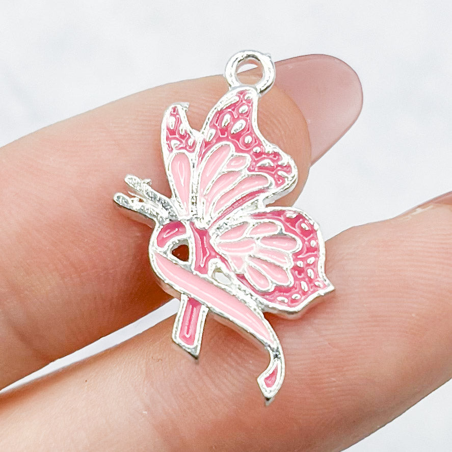 25mm Pink Butterfly with Breast Cancer Ribbon Charm V2