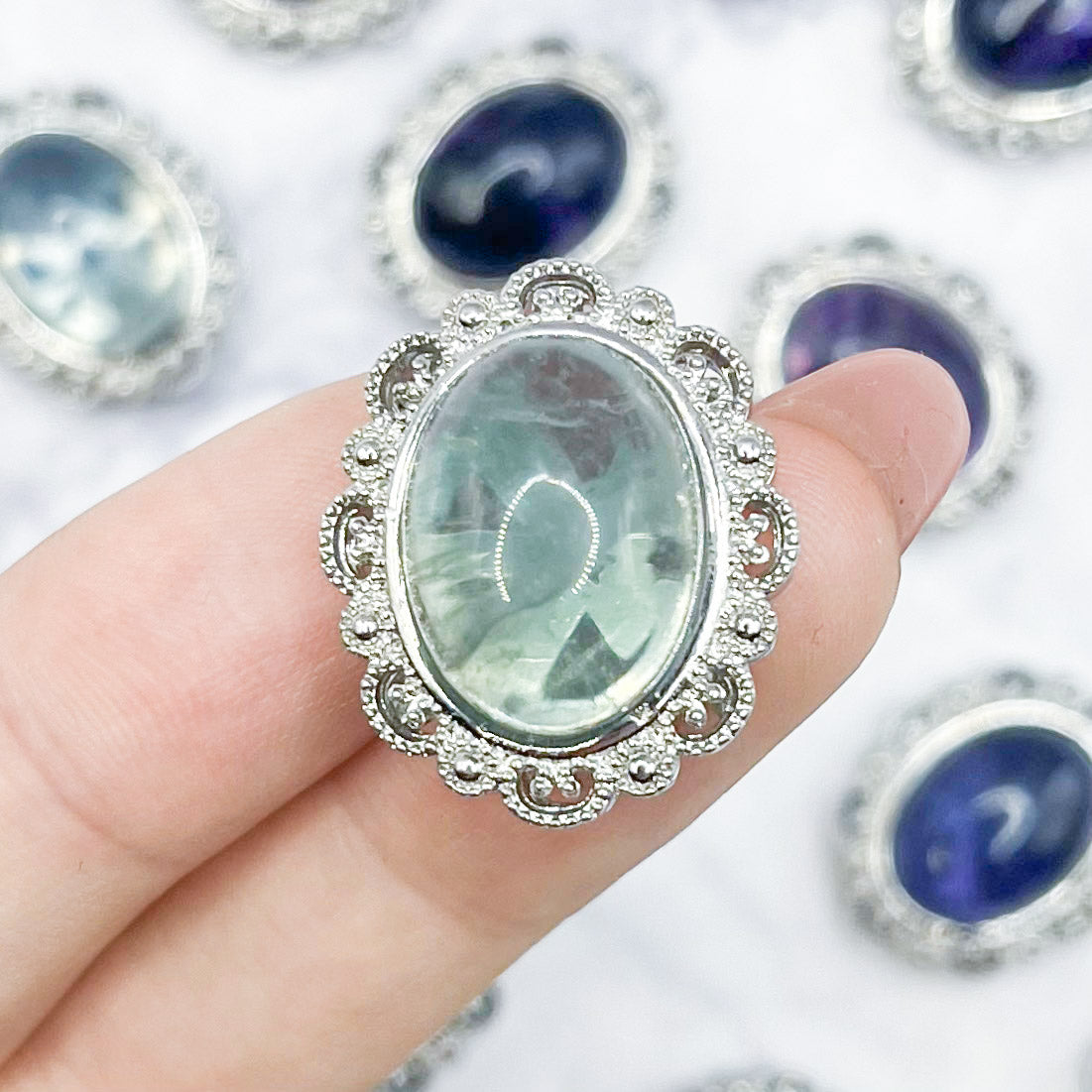 22x15mm Green Fluorite Silver Filigree Oval Cab Bead C12