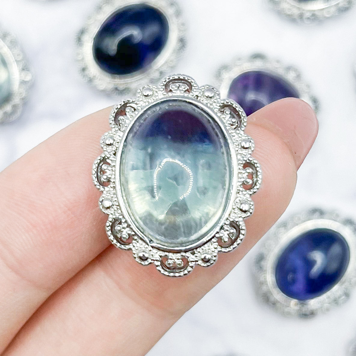 22x15mm Rainbow Fluorite Silver Filigree Oval Cab Bead A12
