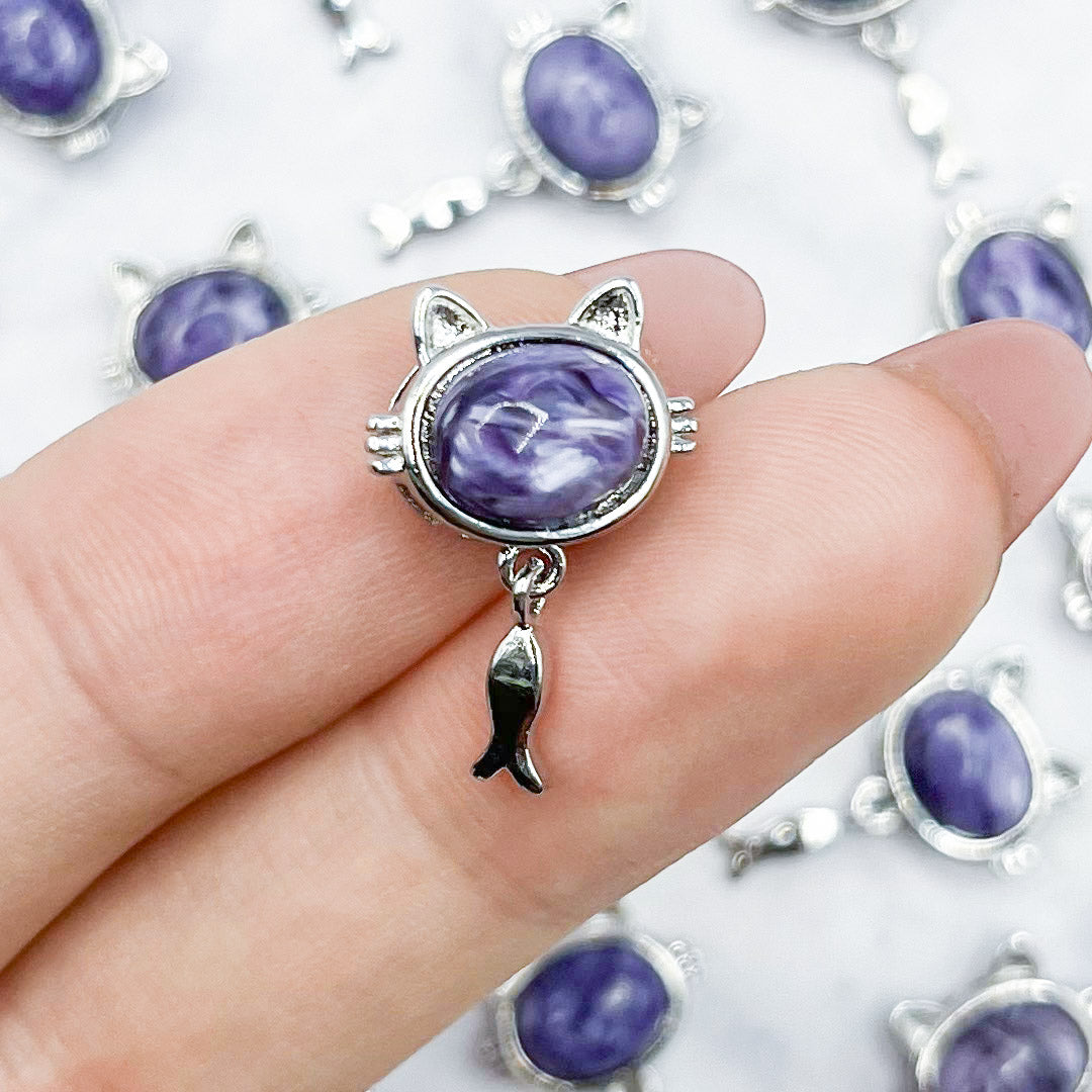 10x8mm Charoite Cat Head with Silver Fish Pendant N10