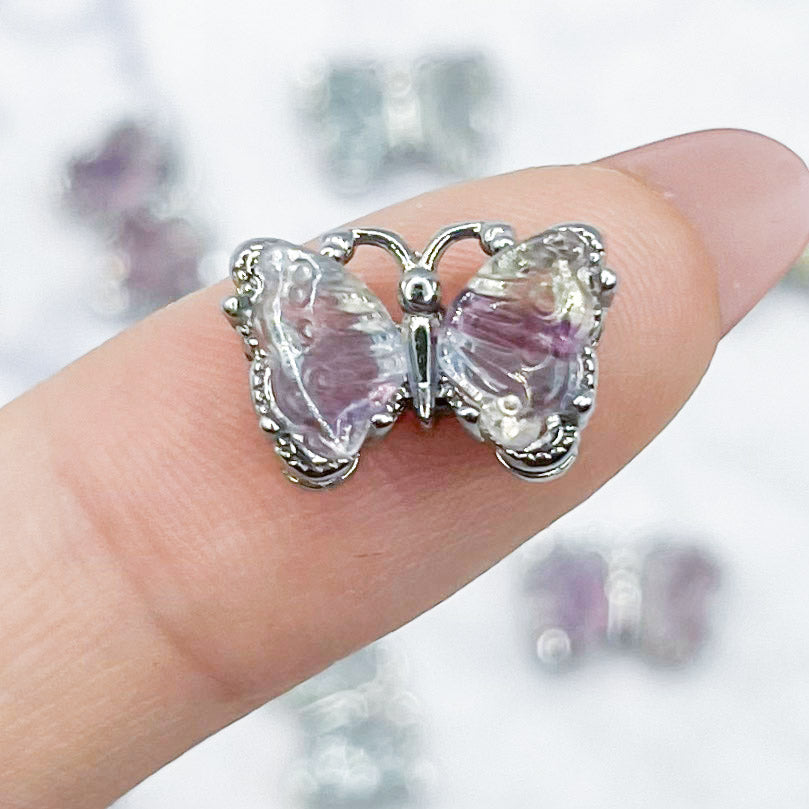 14x8mm Light Rainbow Fluorite Silver Butterfly Pendant M85