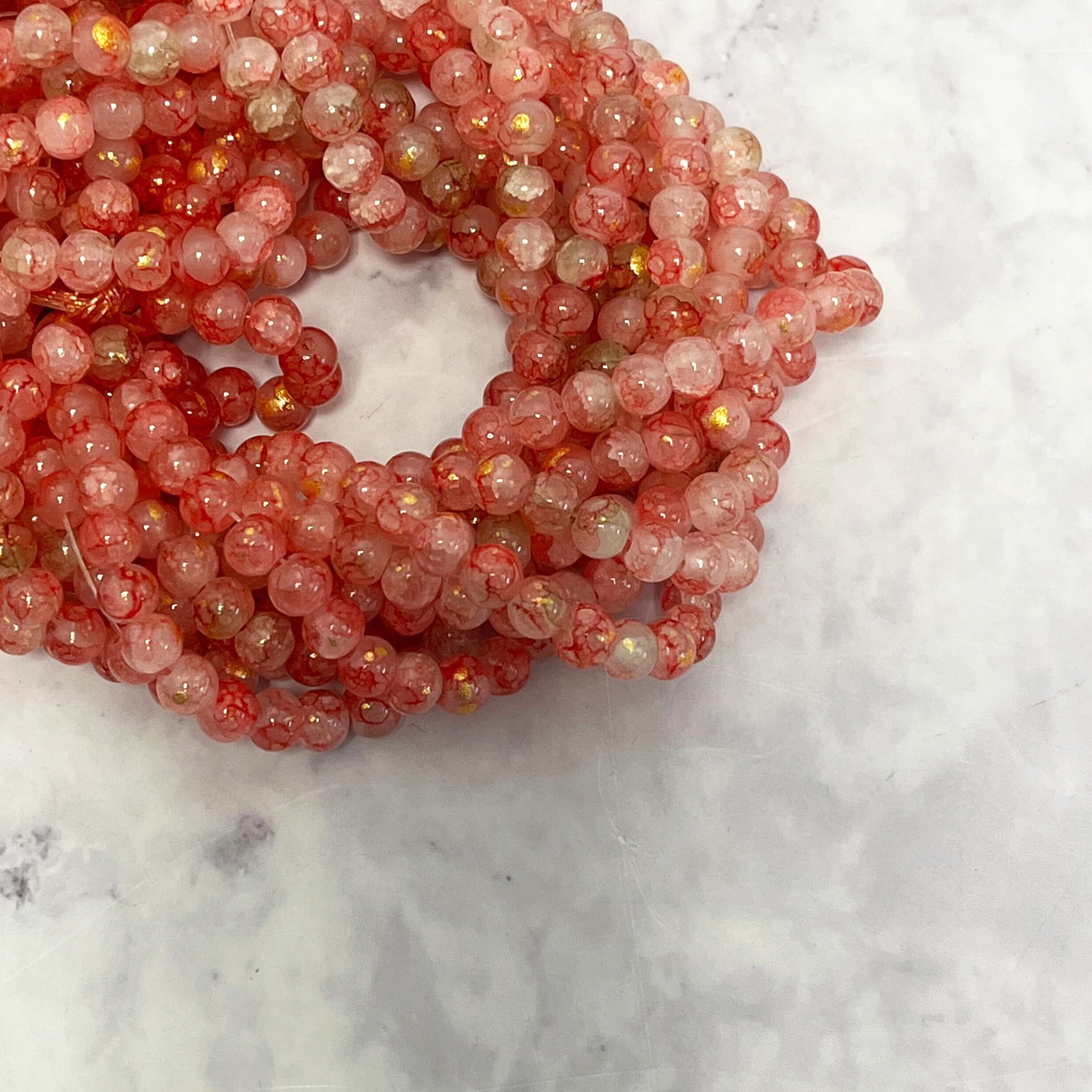 6mm Strawberry Red Crackle Glass with Gold Powder Full 30" Loop Bead Strand