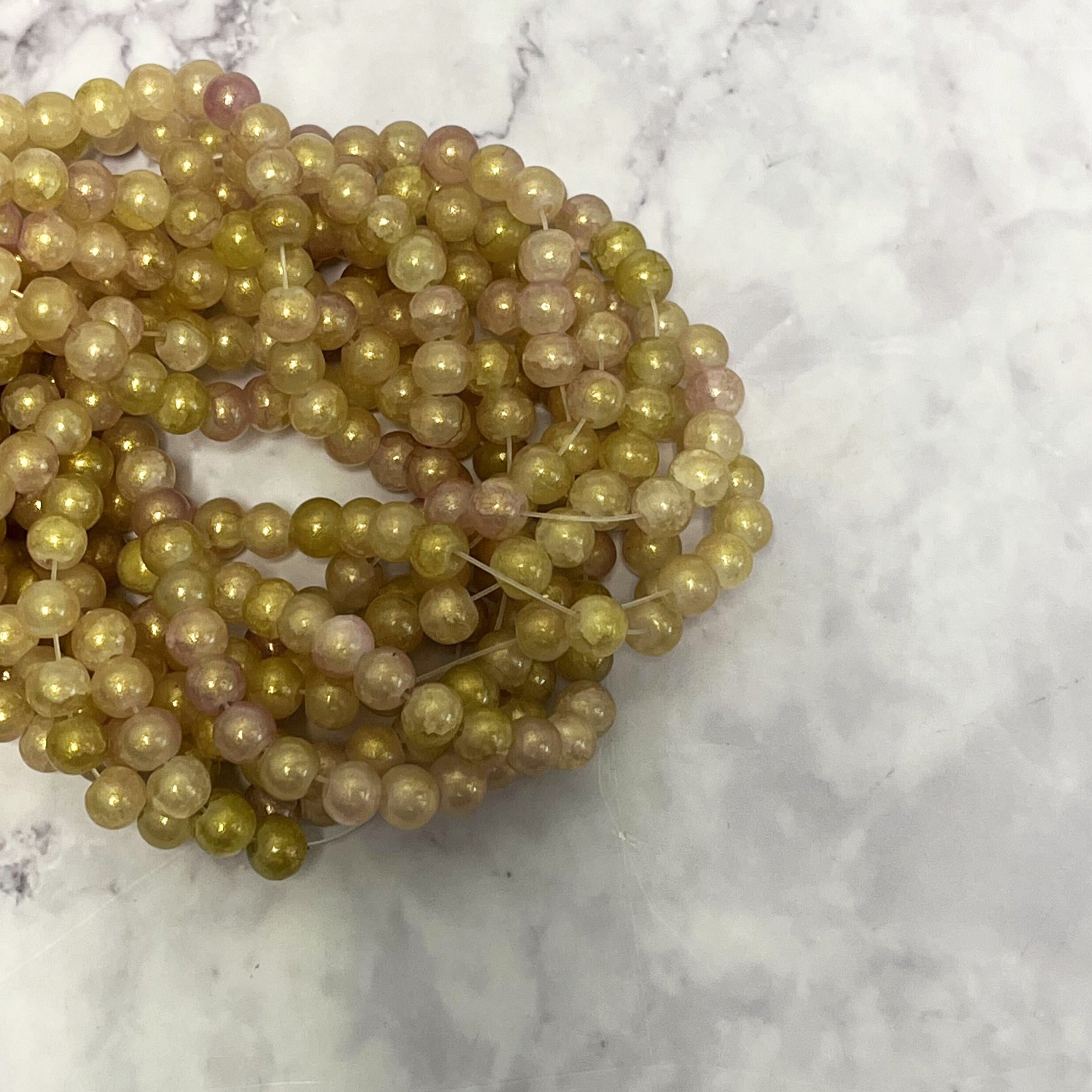 6mm Gold and Purple Crackle Glass with Gold Powder Full 30" Loop Bead Strand