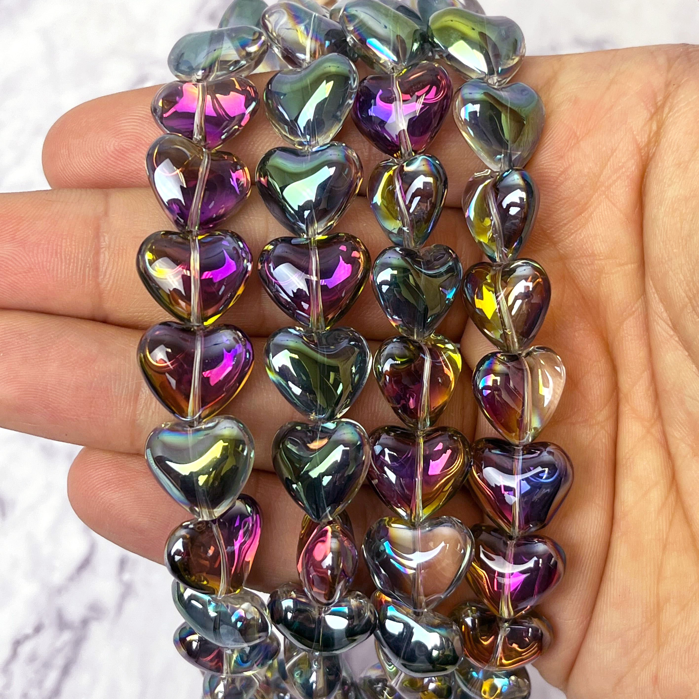 12x15mm Green/Purple Glass Puffy Heart Bead Half Strand