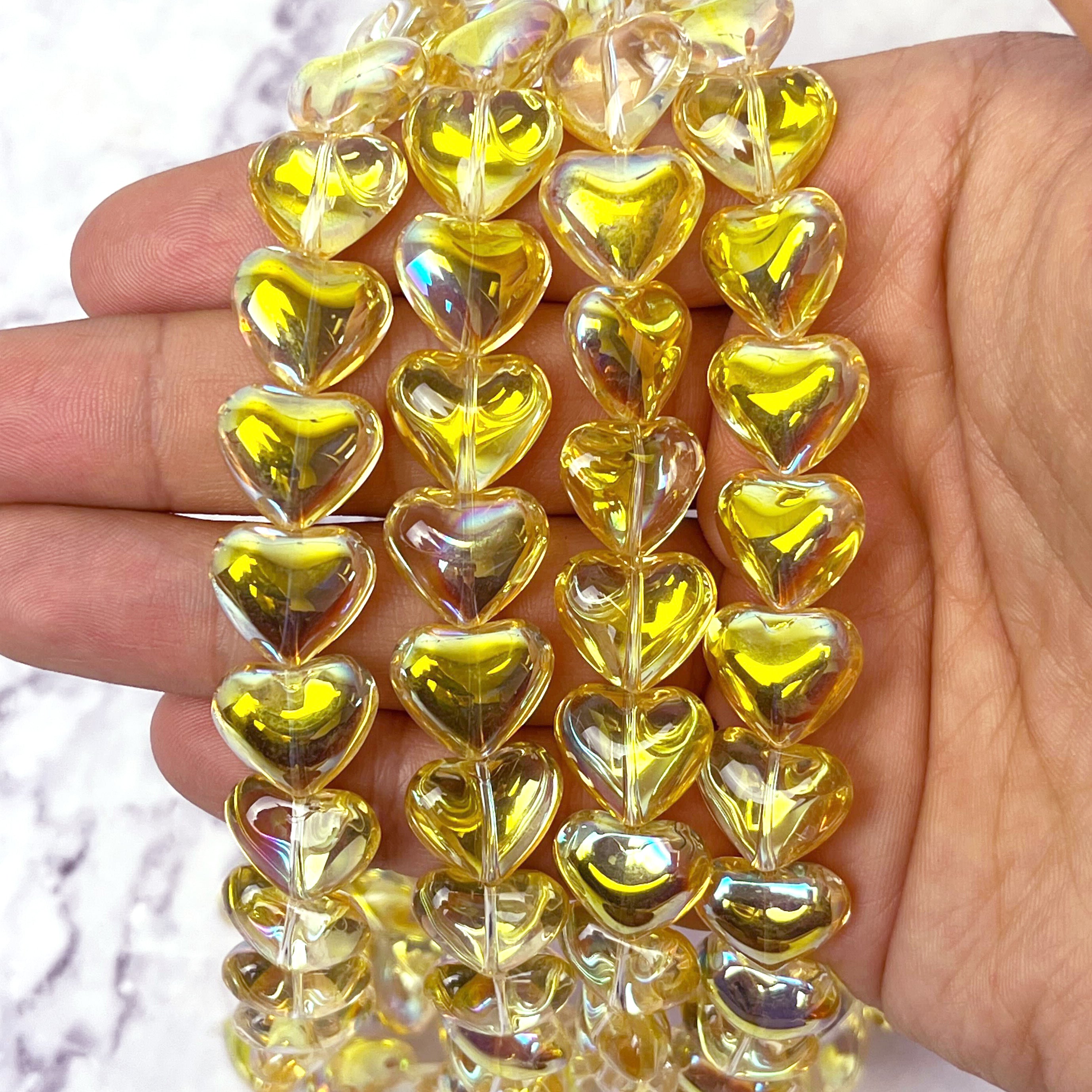 12x15mm Bright Yellow Glass Puffy Heart Bead Half Strand