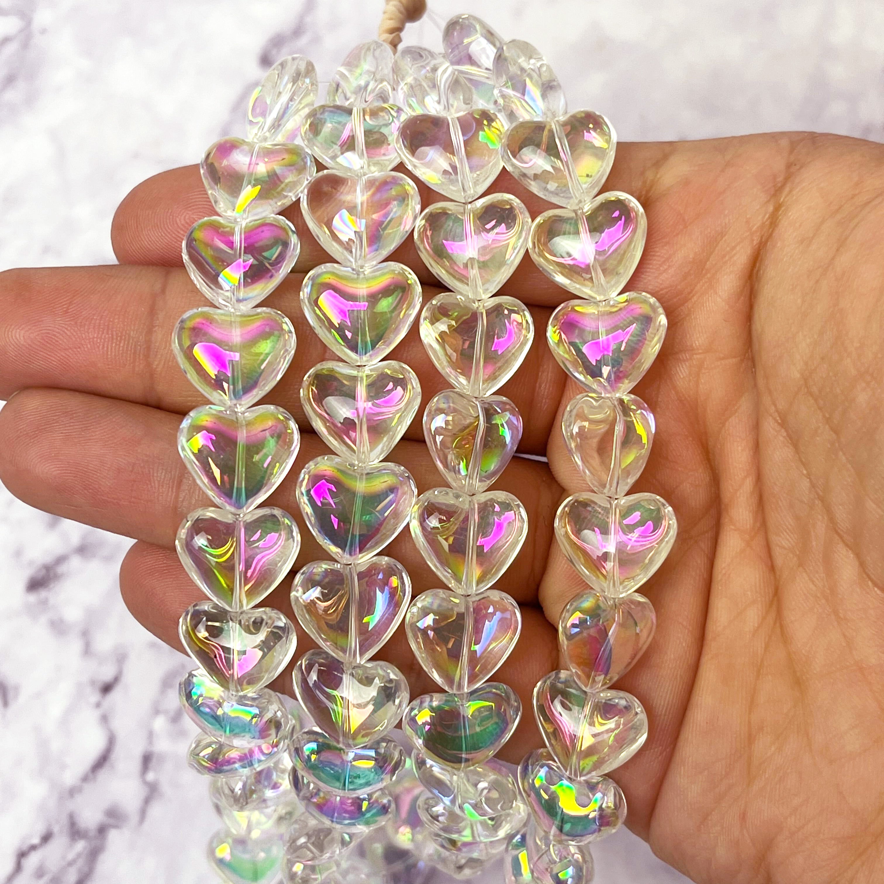 12x15mm Glass With Pink/Green Aura Puffy Heart Bead Half Strand