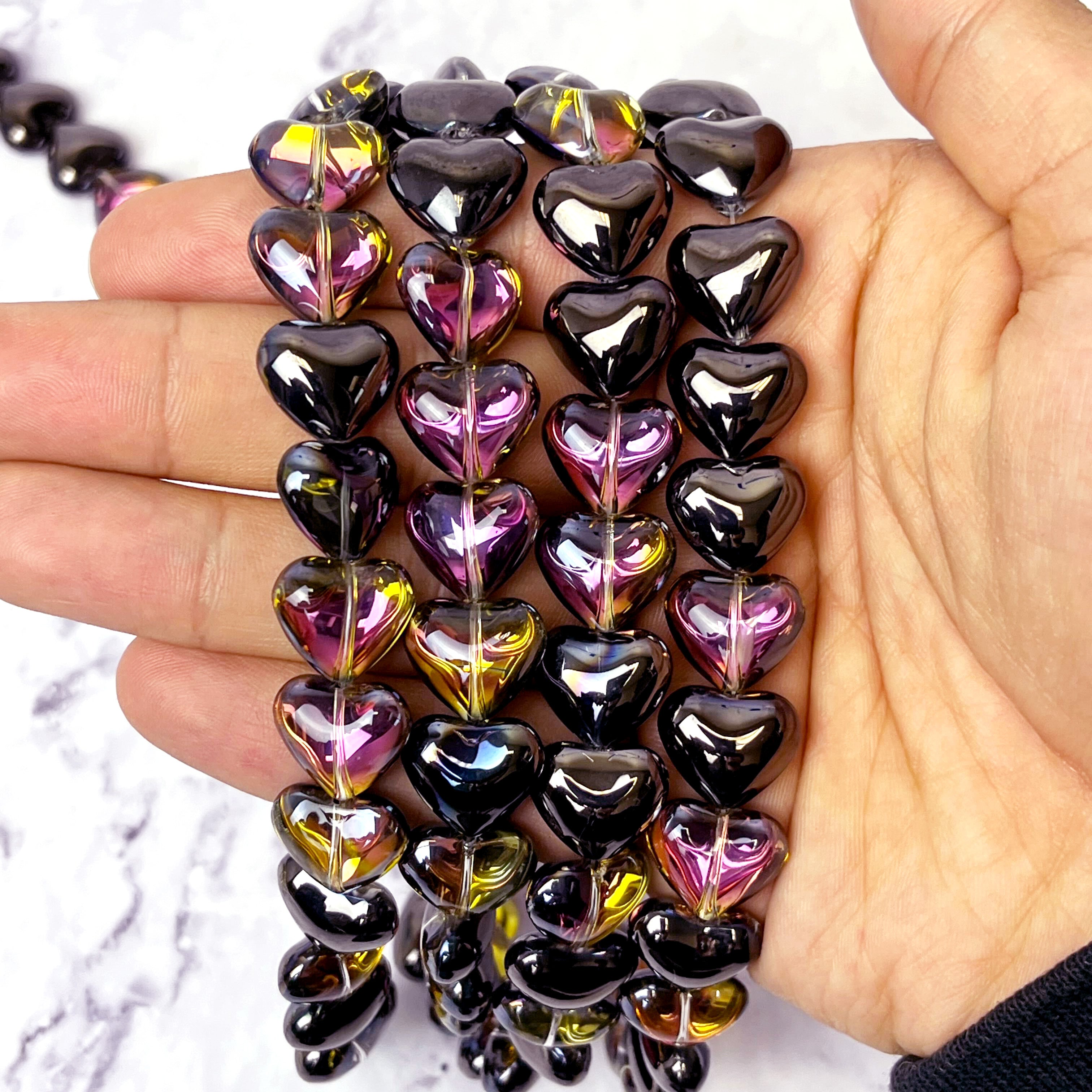 12x15mm Black/Pink Glass Puffy Heart Bead Half Strand