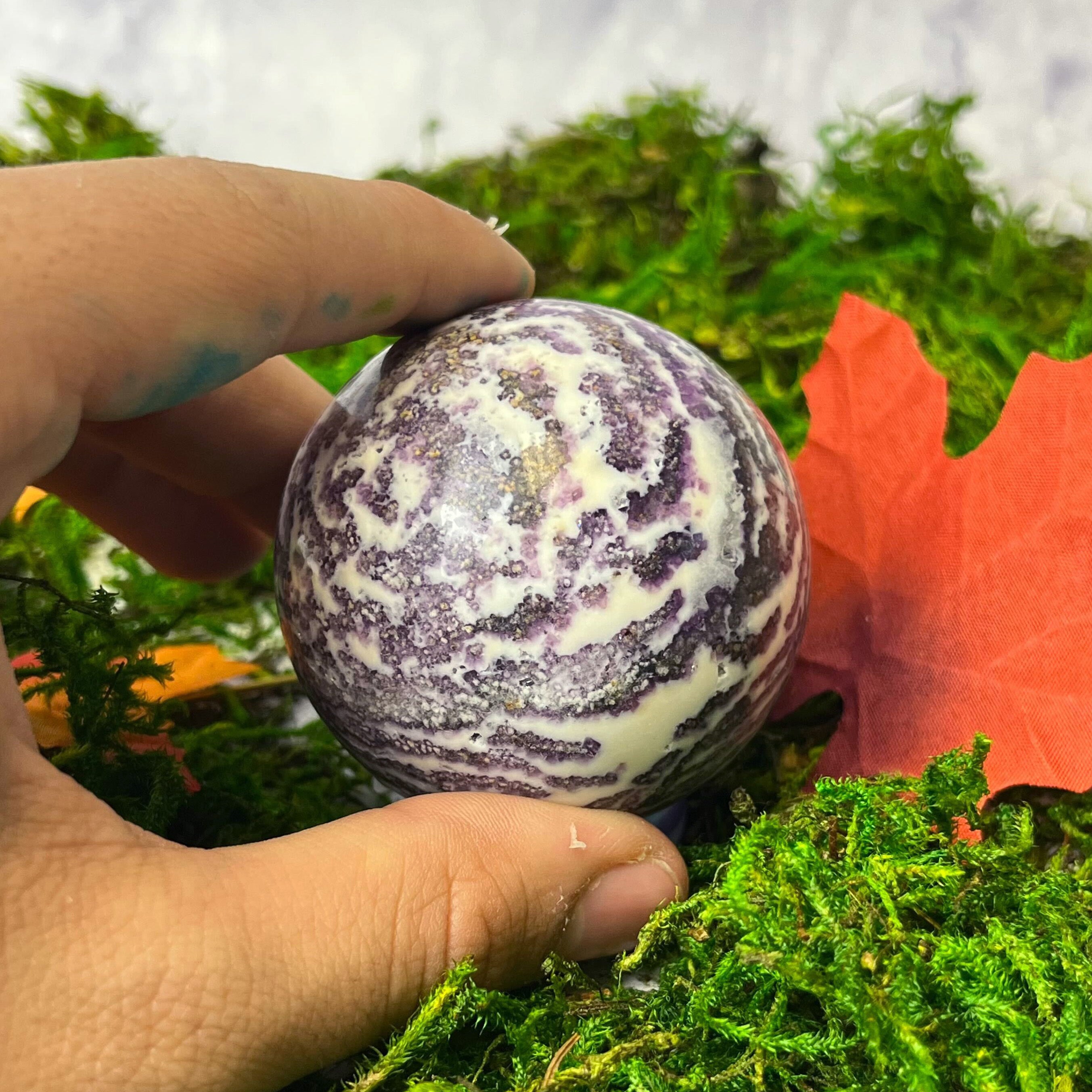 1.5 inch Purple Fluorite in Milky Quartz Sphere $25
