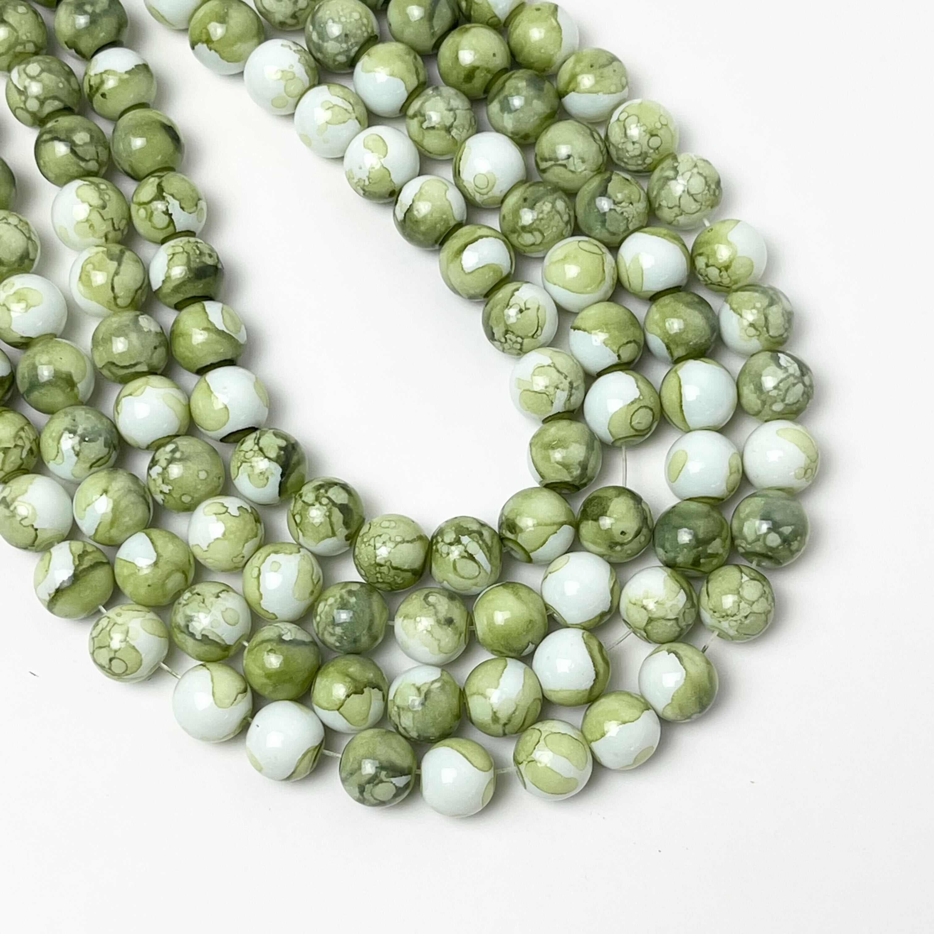 10mm Green Watercolour Painted Glass Bead Strand 30" Loop $5.00