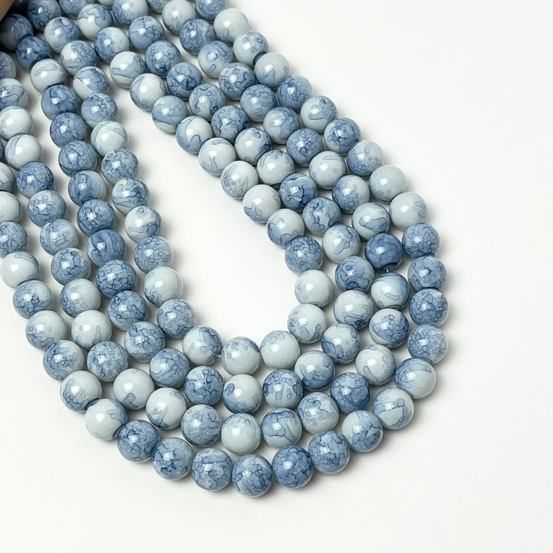 10mm Blue Watercolour Painted Glass Bead Strand 30" Loop $5.00