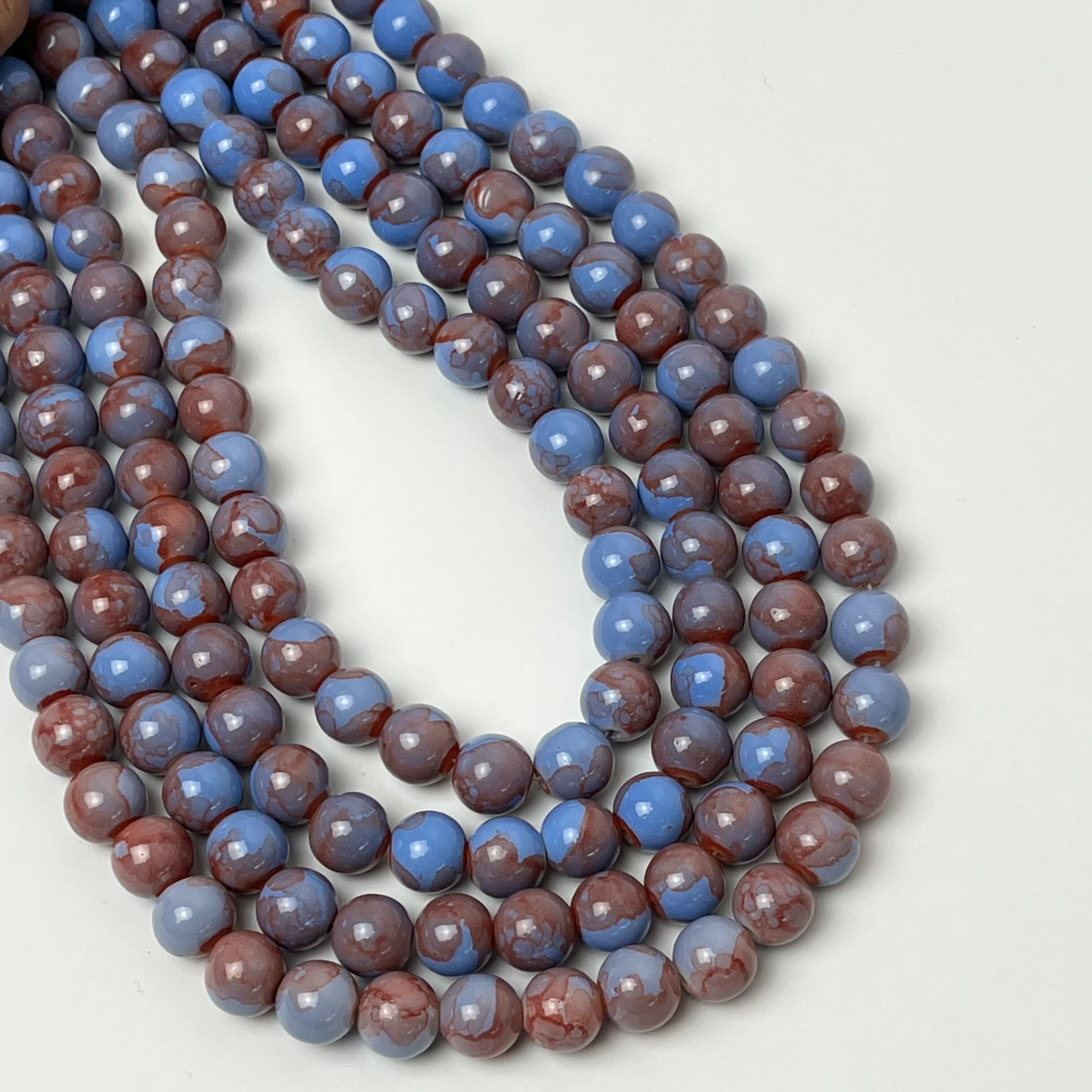 10mm Blue/Red Watercolour Painted Glass Bead Strand 30" Loop $5.00