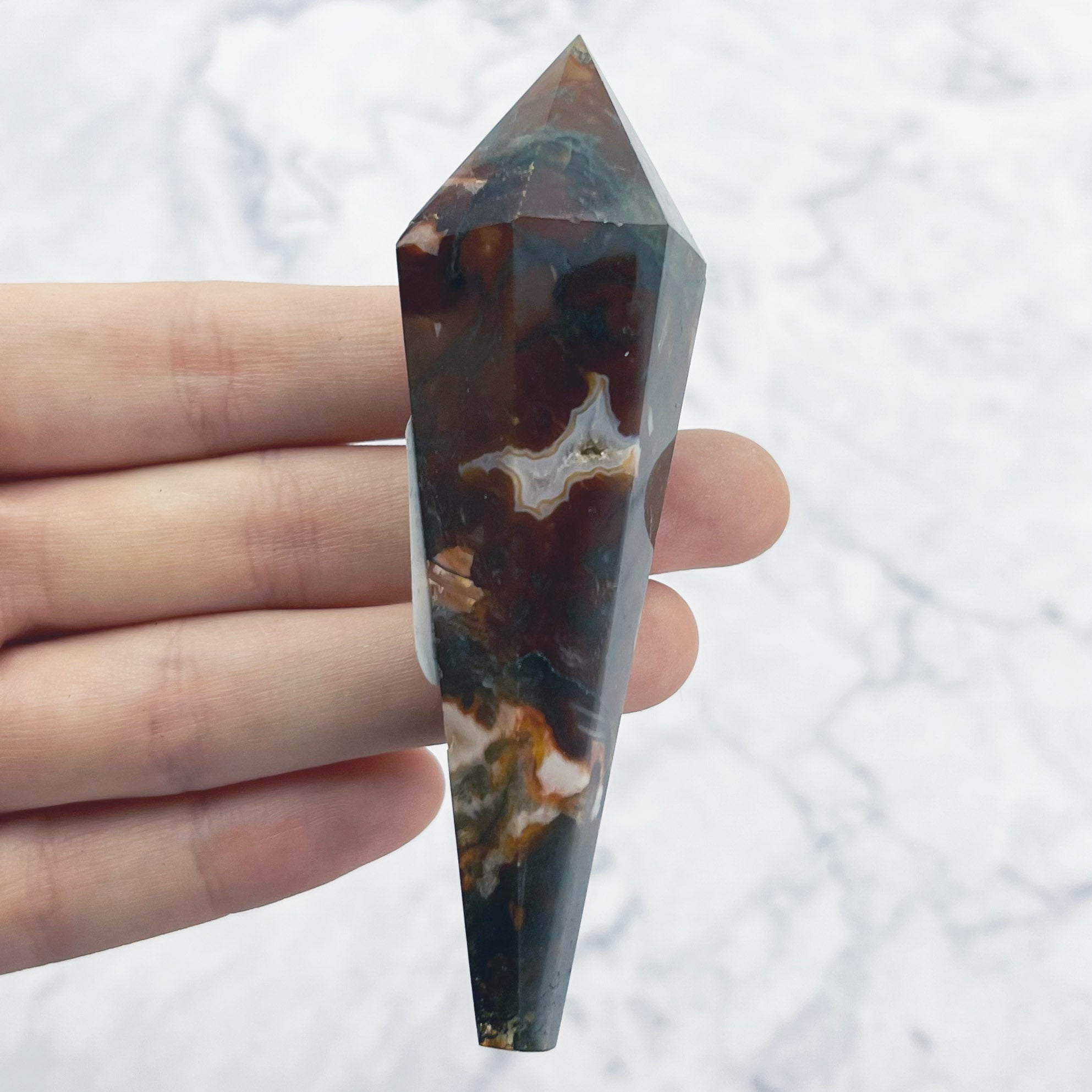 3.5 Inch Carnelian Moss Agate Wand D18