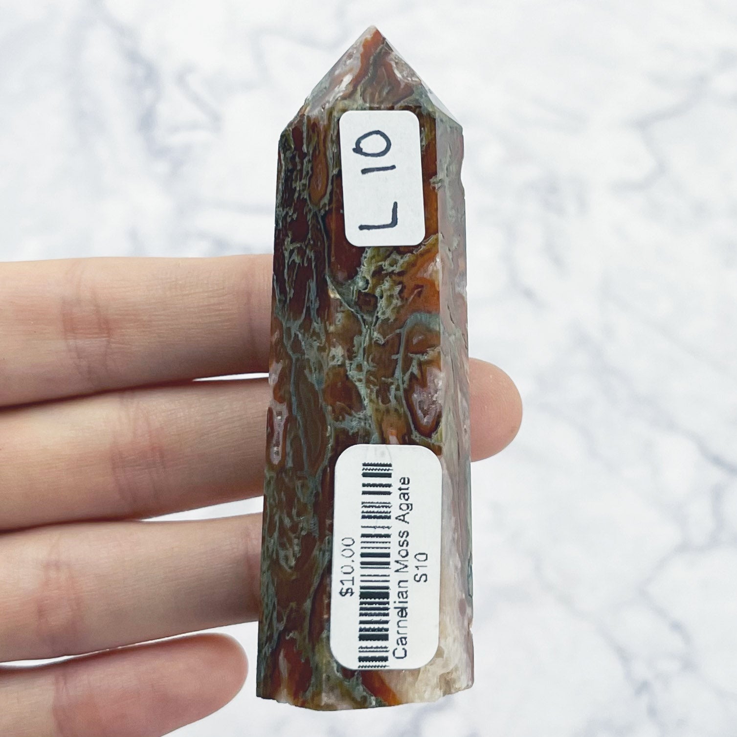 3 Inch Carnelian Moss Agate Tower L10