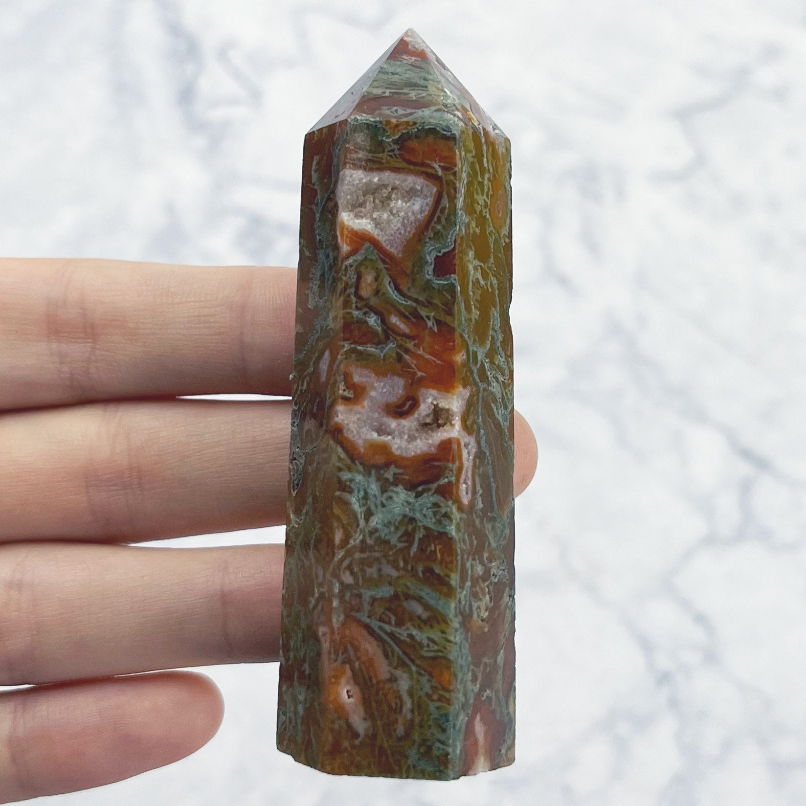 3 Inch Carnelian Moss Agate Tower L10