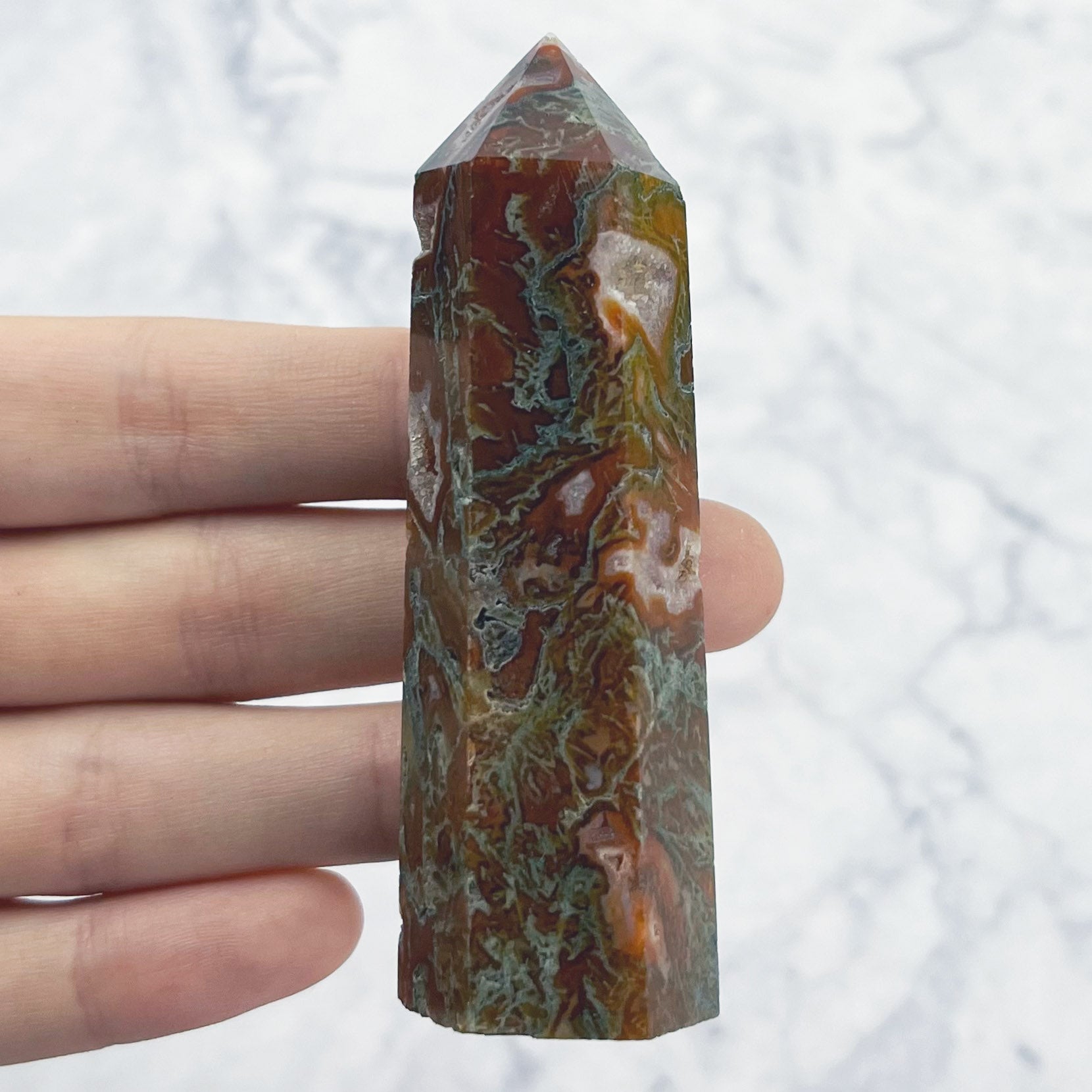 3 Inch Carnelian Moss Agate Tower L10